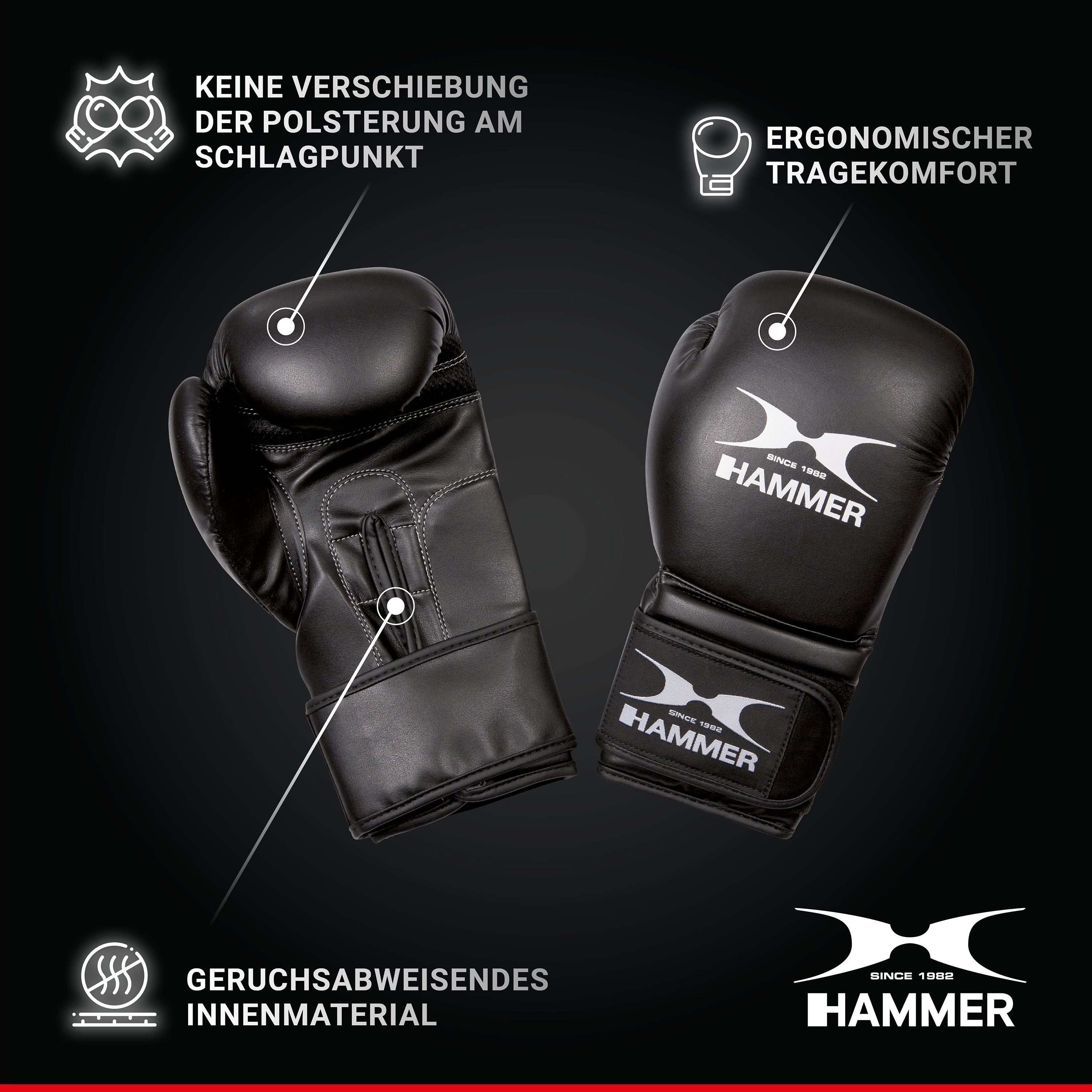 Zwei schwarze Hammer Boxhandschuhe auf dunklem Hintergrund mit Produktmerkmalen.