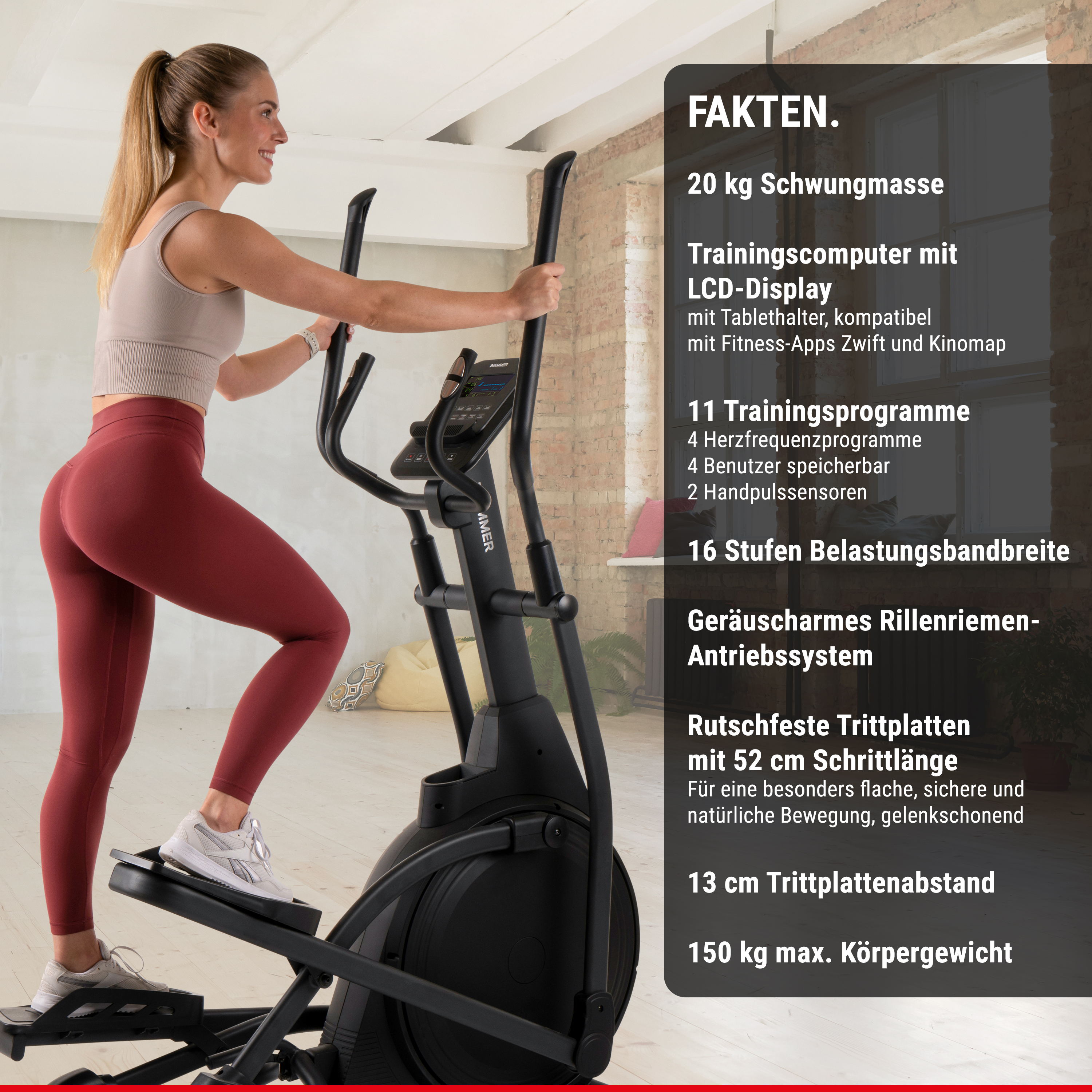 Eine lächelnde Sportlerin trainiert auf einem Crosstrainer in einem hellen Raum mit Textinfofeldern.