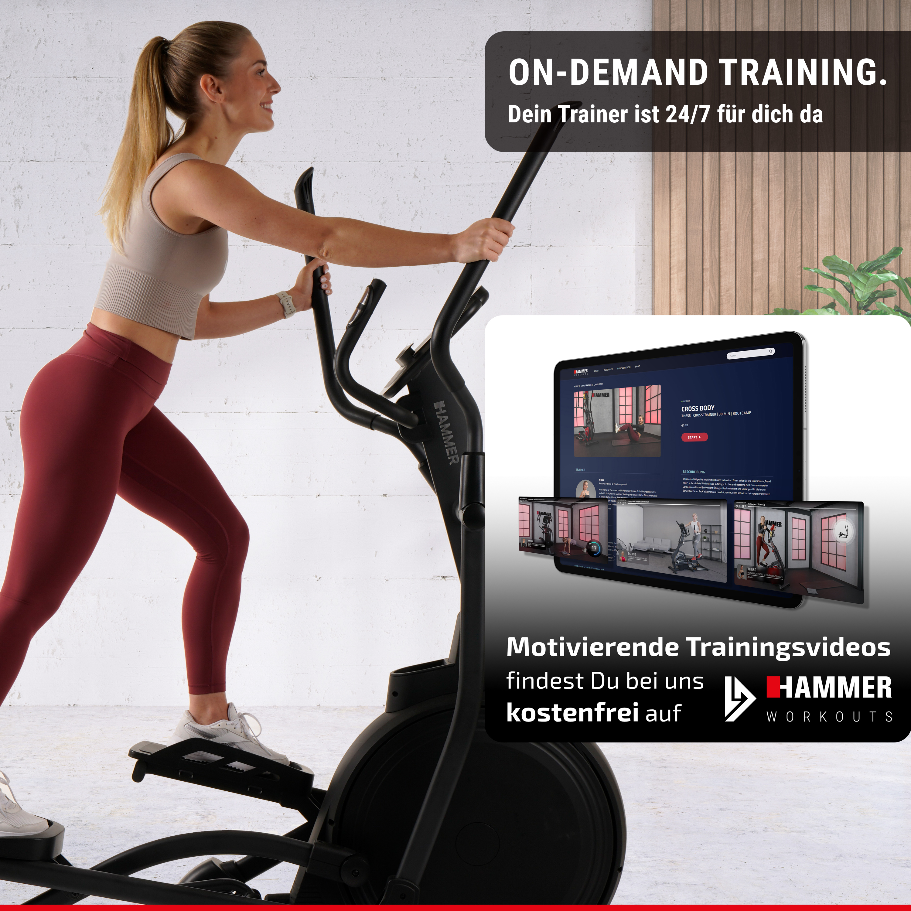 Eine Frau trainiert auf einem schwarzen Heimtrainer neben einem Tablet mit Trainingsvideos.