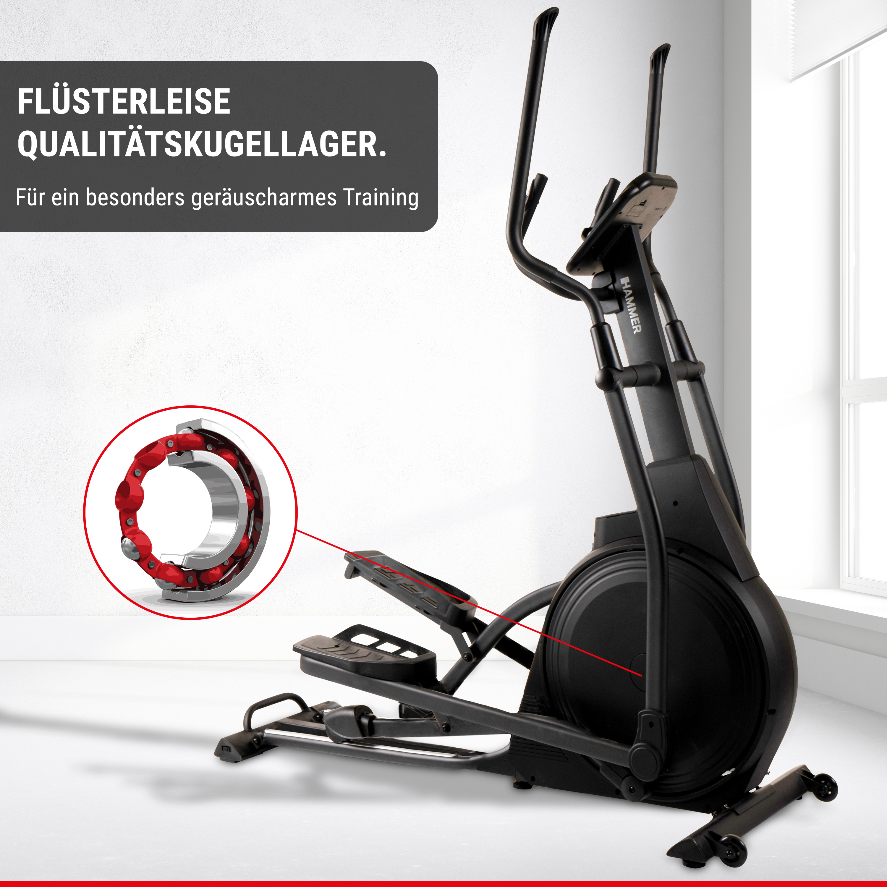 Ein schwarzer Crosstrainer vor weißer Wand, mit einem Kreisdetail das ein Kugellager zeigt.