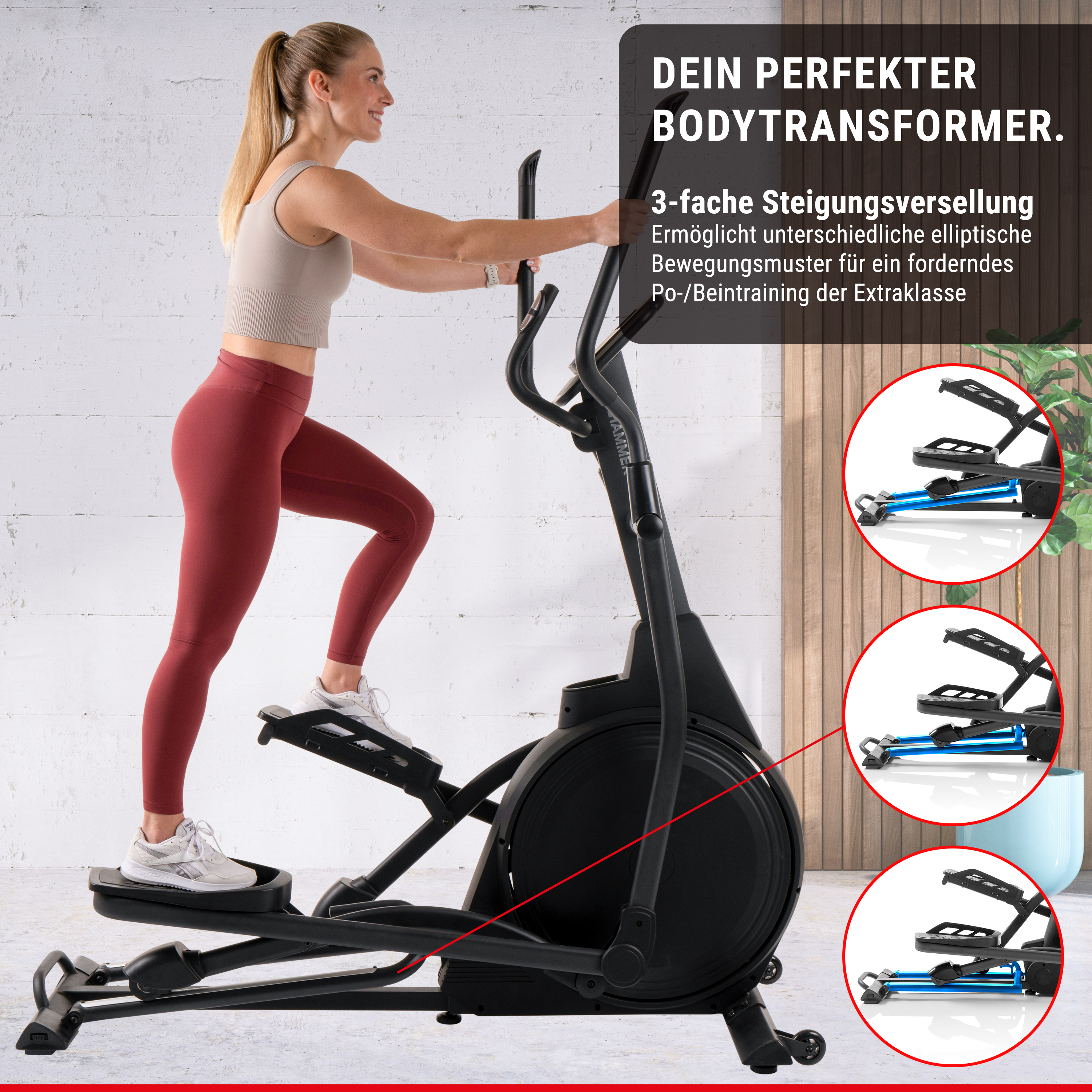 Eine Frau in Sportkleidung trainiert auf einem schwarzen Crosstrainer, mit drei Insets für die Steigung.