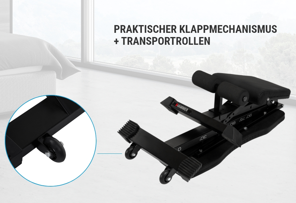 Schwarze Klappbank mit Transportrollen im hellen Raum.