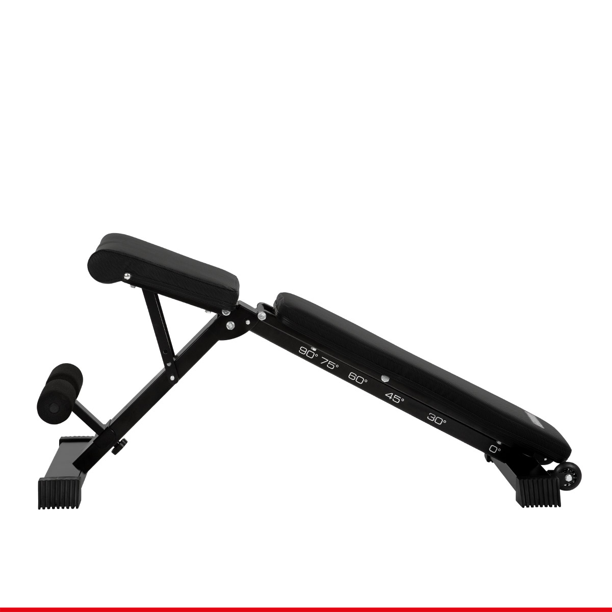 Verstellbare schwarze Fitnessbank für das Krafttraining mit gepolsterten Auflagen auf weißem Hintergrund.