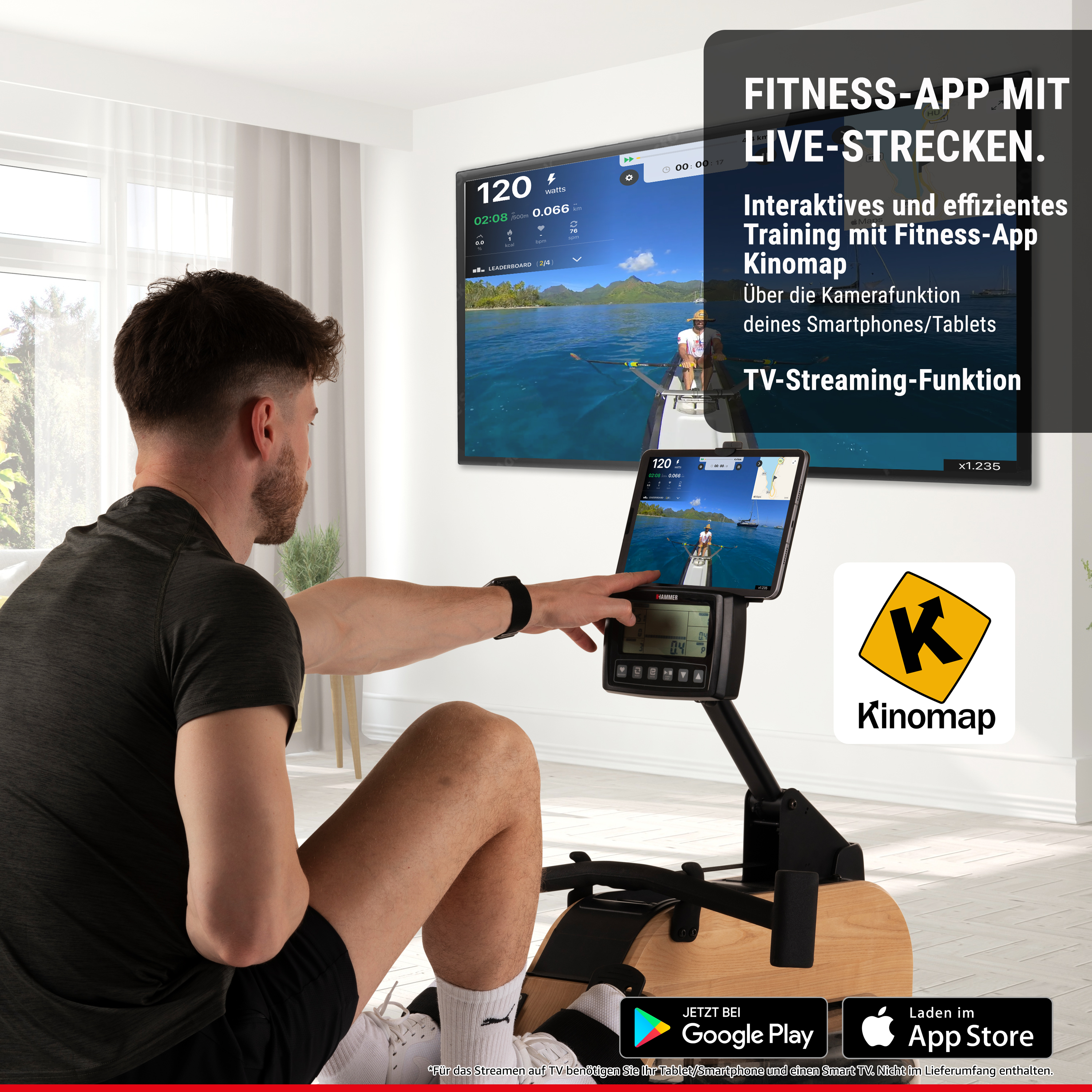 Ein Mann nutzt ein Rudergerät und schaut auf einen großen Bildschirm mit interaktiver Trainings-App.