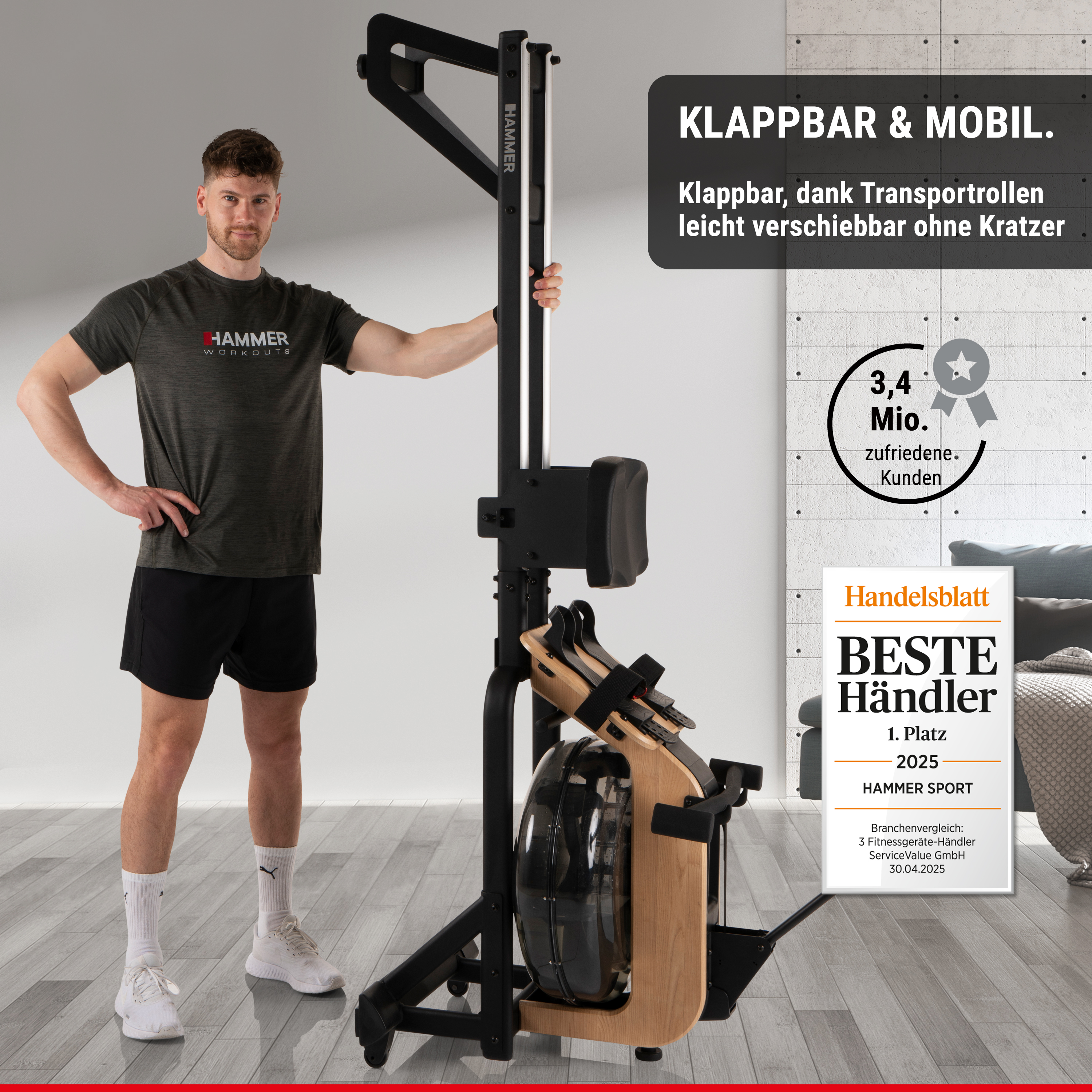 Ein Mann in Sportkleidung steht neben einem zusammengeklappten Wasser-Rudergerät, mit Text und Auszeichnungen.