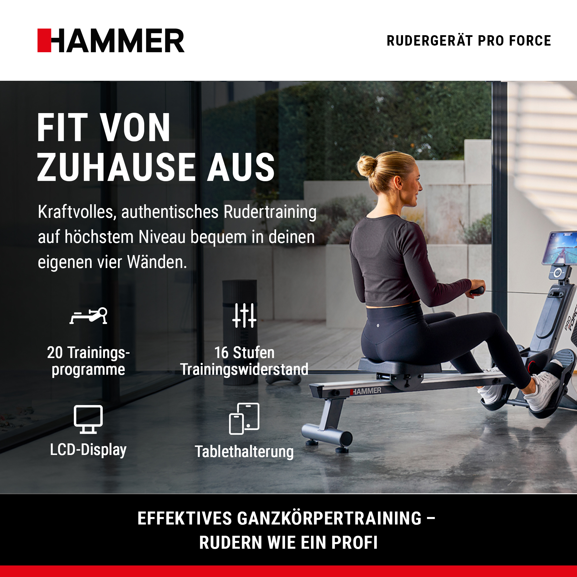 Eine Frau trainiert zu Hause auf einem schwarzen Hammer-Rudergerät mit LCD-Display.