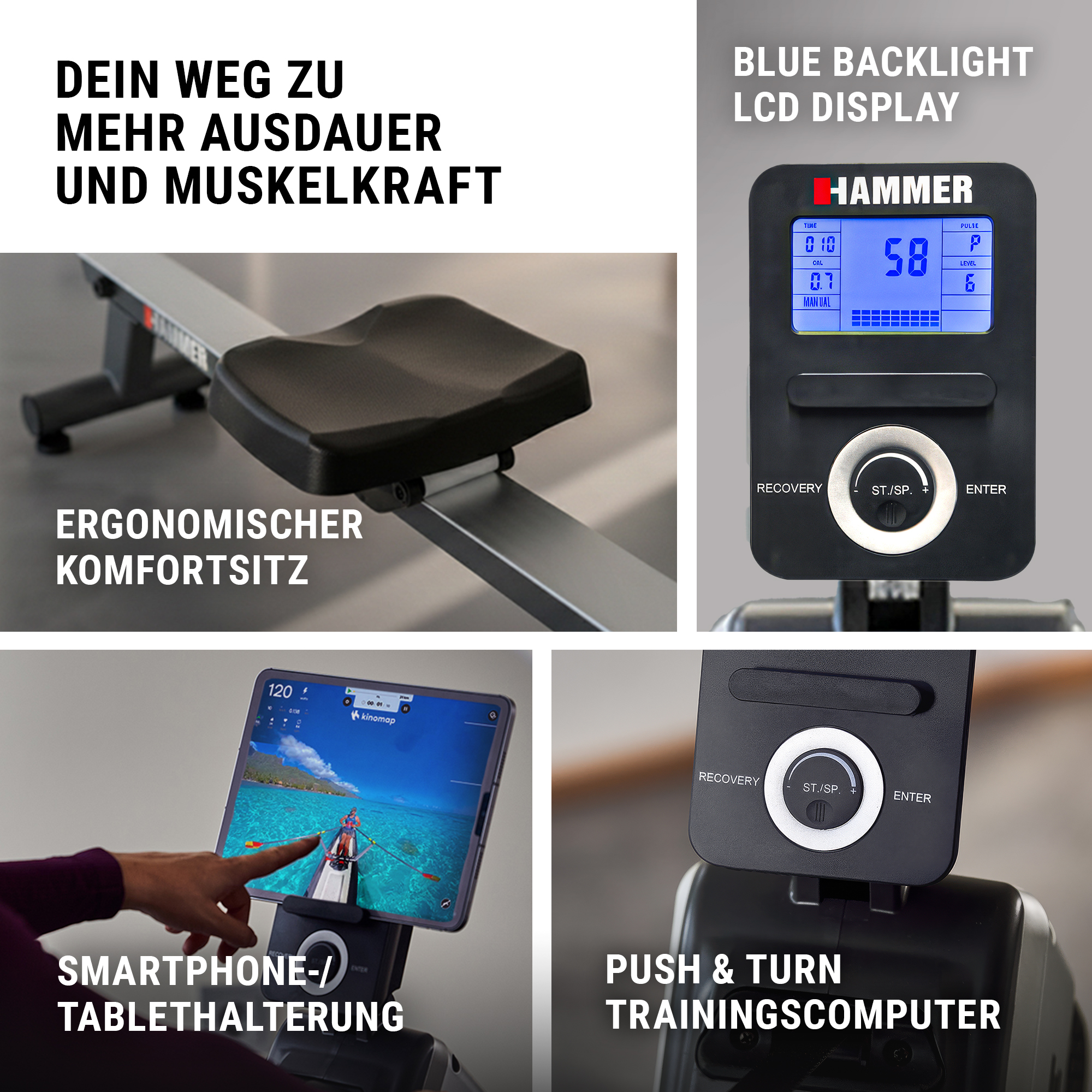 Collage zeigt Details eines Rudergeräts mit Sitz, Display, Tablethalterung und Trainingscomputer.