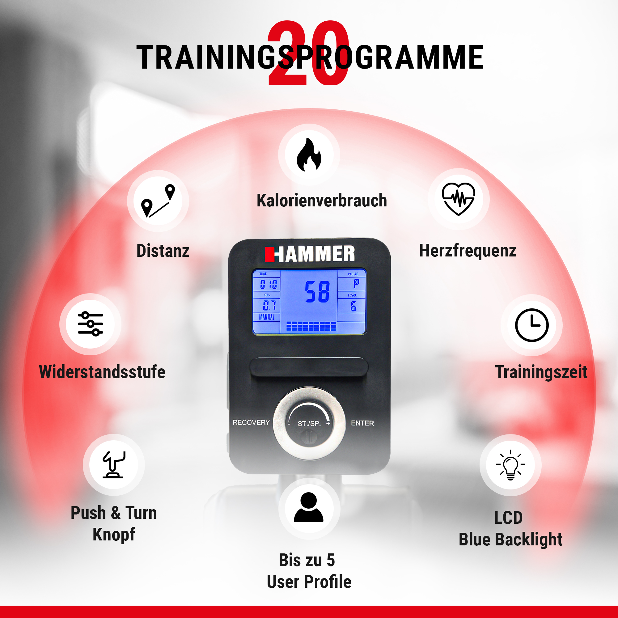 Ein Hammer Trainingscomputer mit LCD-Display, umgeben von Symbolen für Distanz, Kalorien, Puls und Einstellungen.