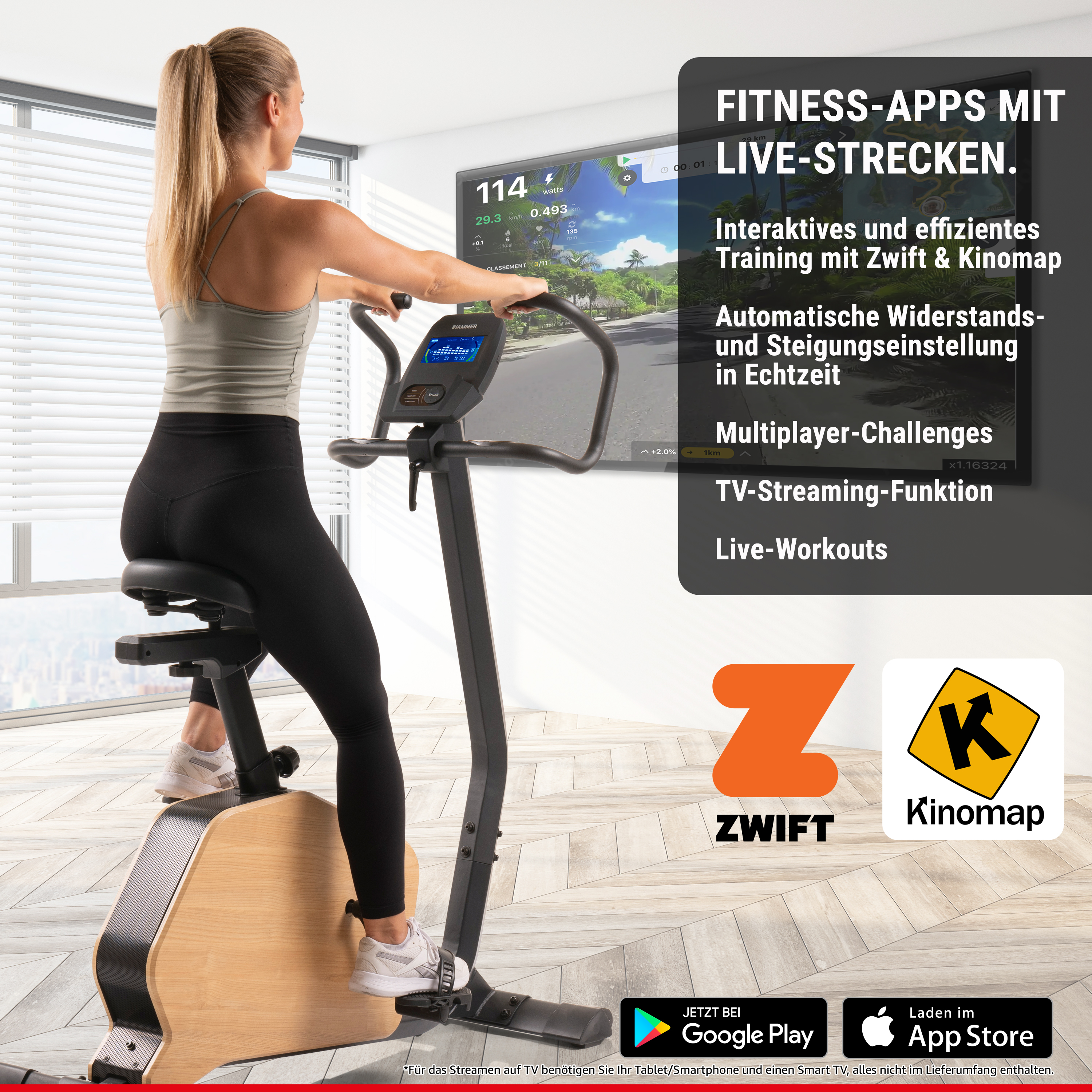 Eine blonde Frau trainiert auf einem Heimtrainer vor einem TV-Bildschirm mit App-Werbung.