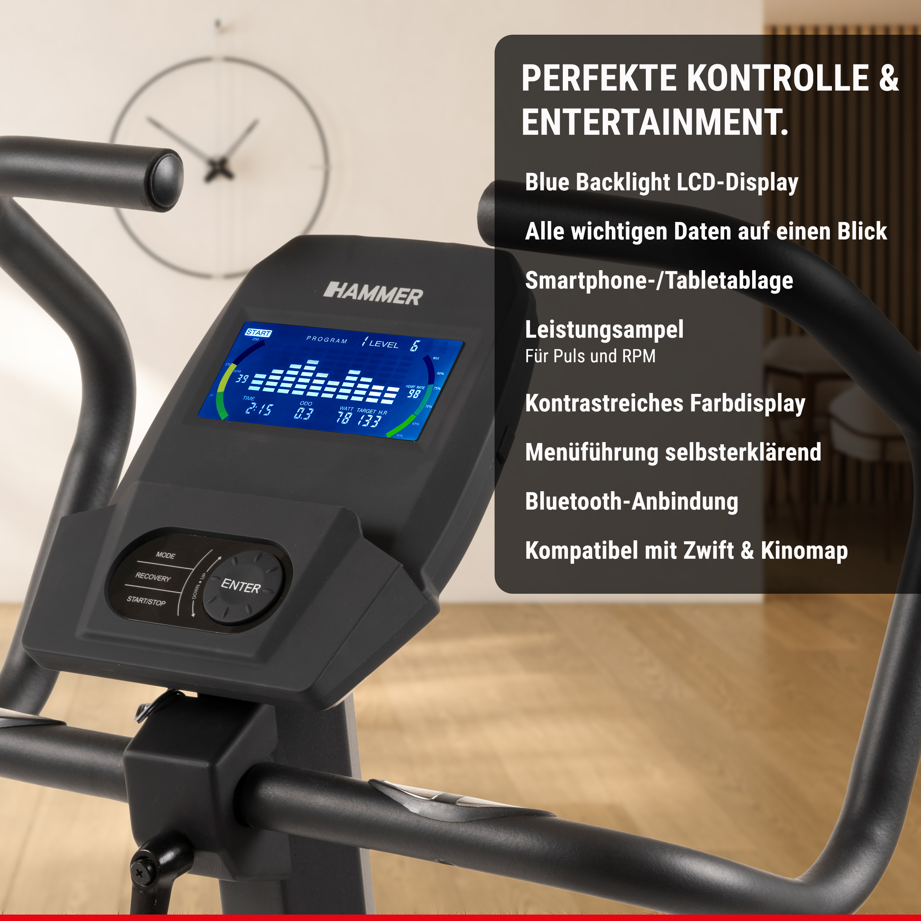 Hammer Heimtrainer-Display mit blauer LCD-Anzeige und deutschen Texten.