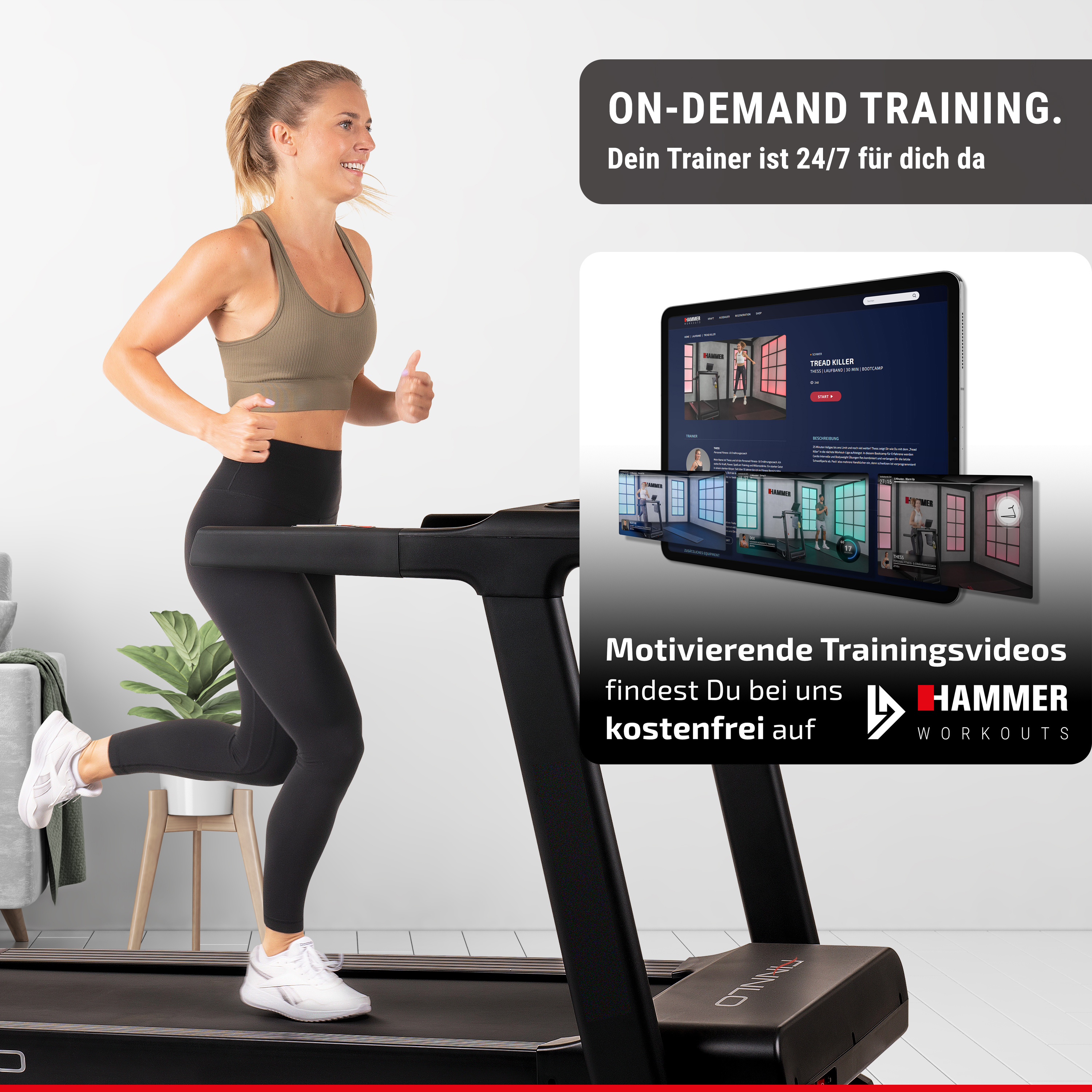 Eine blonde Frau läuft auf einem schwarzen Laufband. Text und ein Tablet zeigen Trainingsvideos.