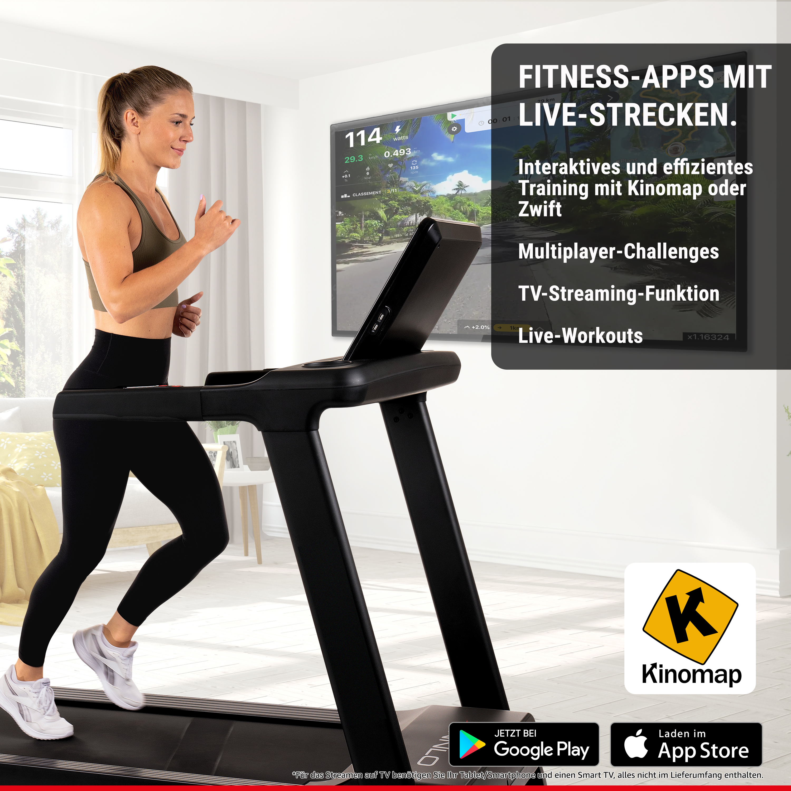 Eine blonde Frau läuft auf einem Laufband vor einem Fernseher mit Kinomap-App.