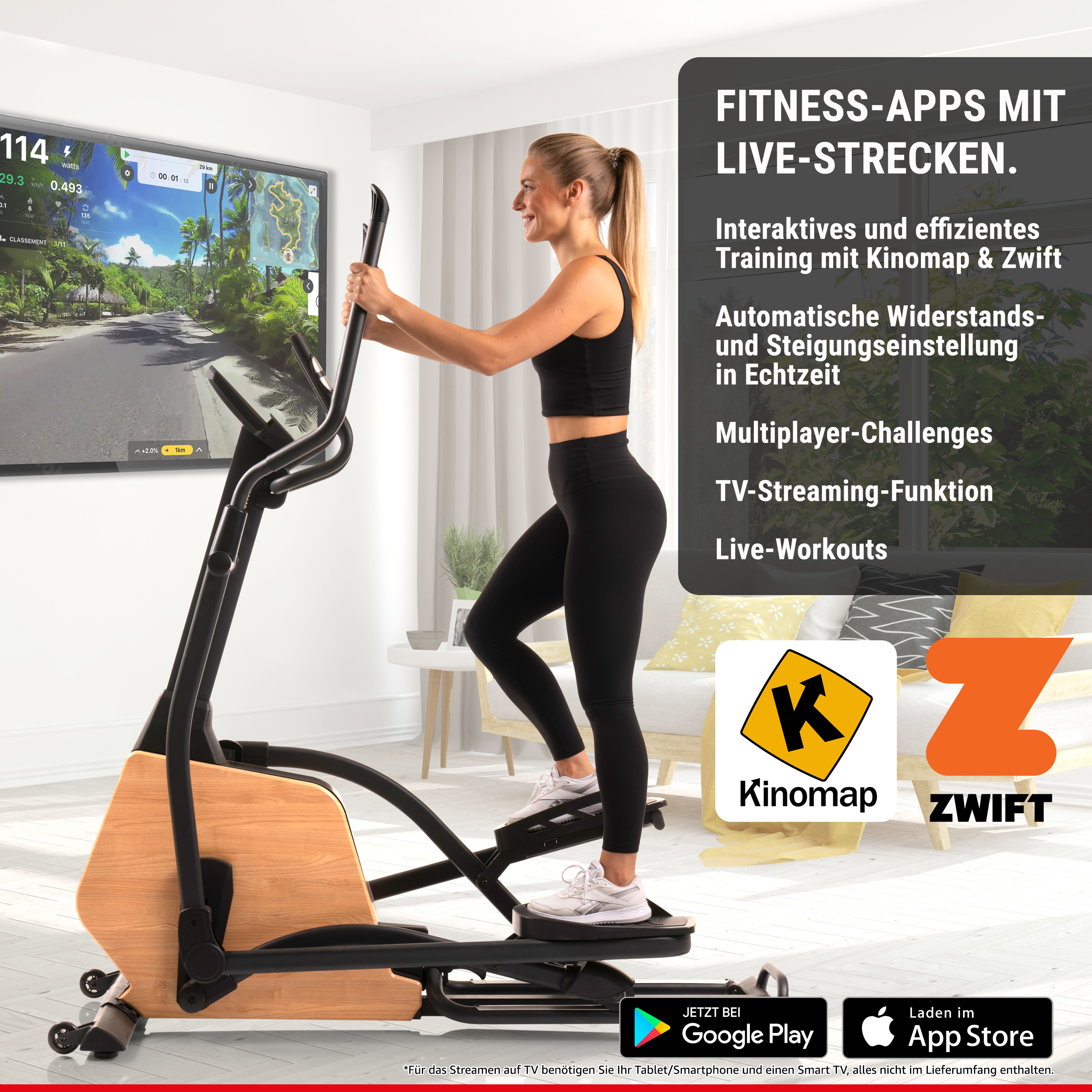 Frau trainiert auf einem Ellipsentrainer vor einem Fernseher mit virtuellem Streckenvideo, daneben Texttafeln.