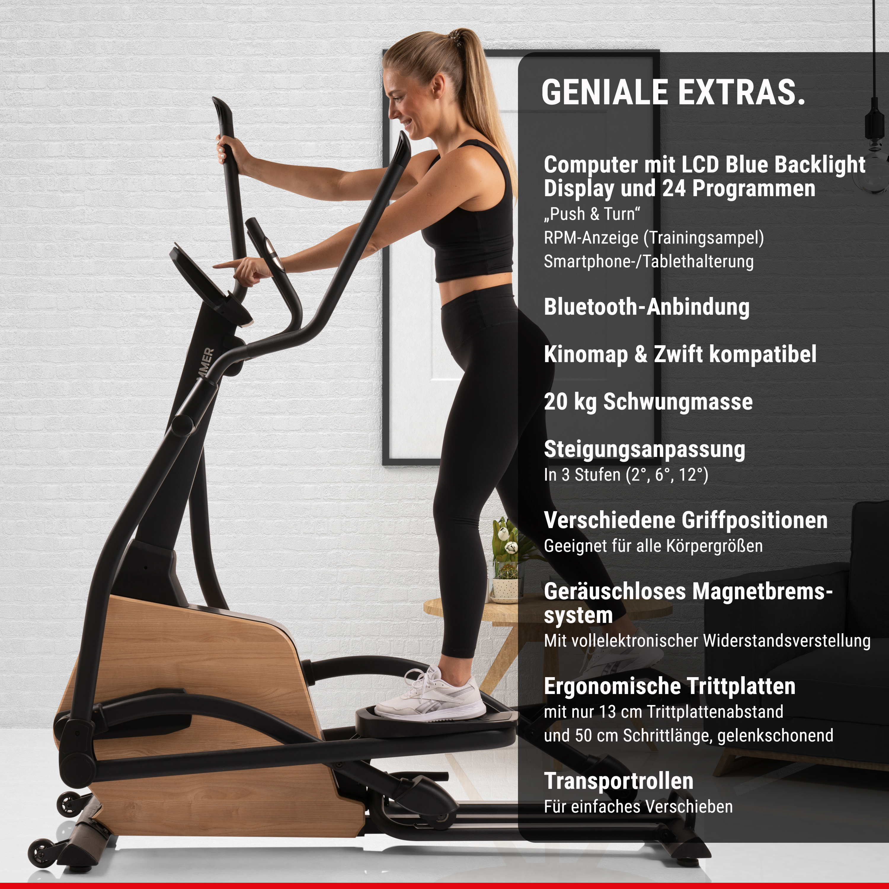 Eine Frau trainiert auf einem schwarzen Crosstrainer vor einer weißen Wand mit deutschem Text.