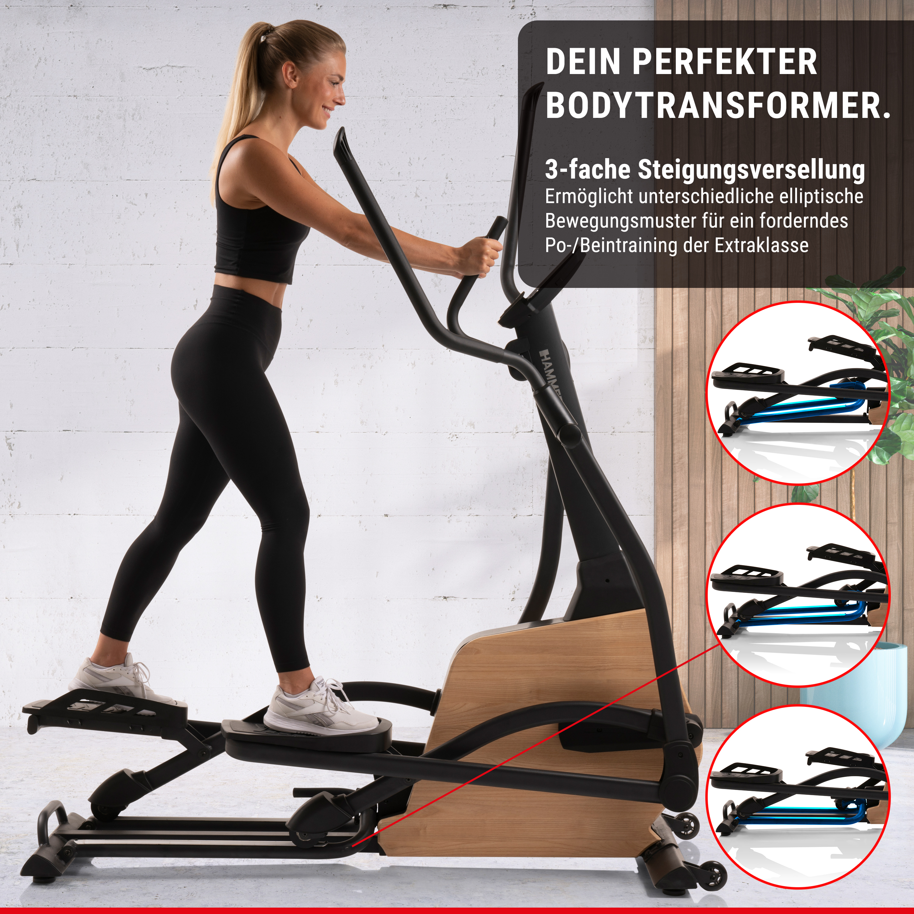 Eine blonde Frau trainiert auf einem Ellipsentrainer, mit Infografiken zu den Steigungswinkeln.