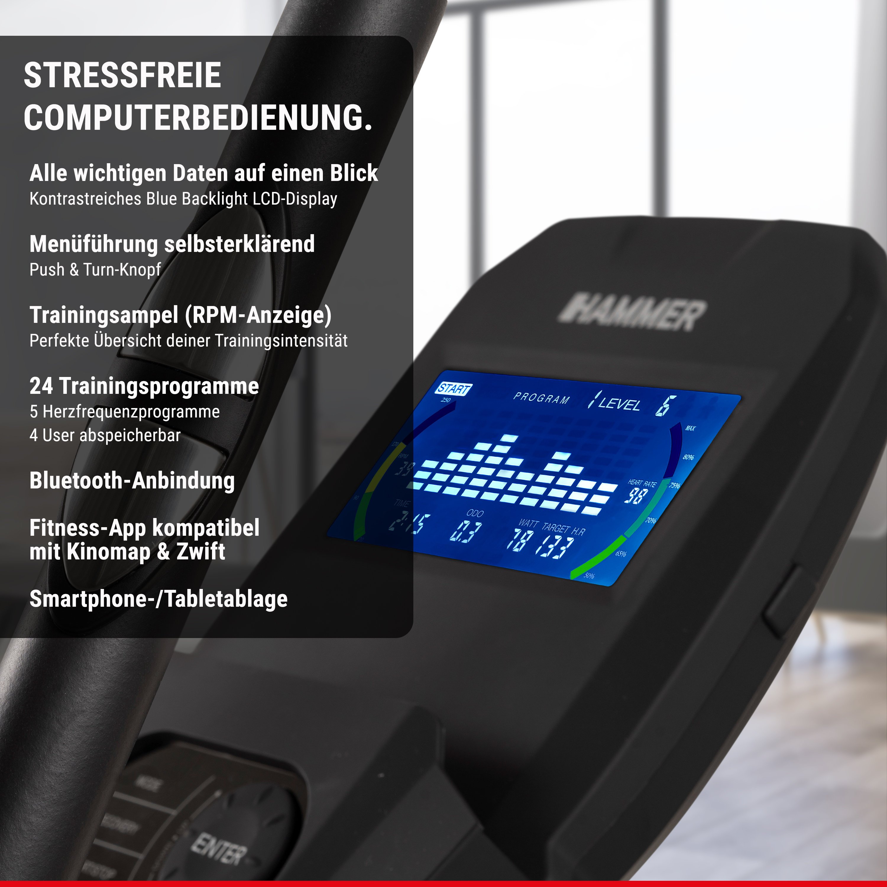 Hammer Fitnessgerät Display mit blauer LCD-Hintergrundbeleuchtung, Trainingsdaten und deutscher Produktbeschreibung.