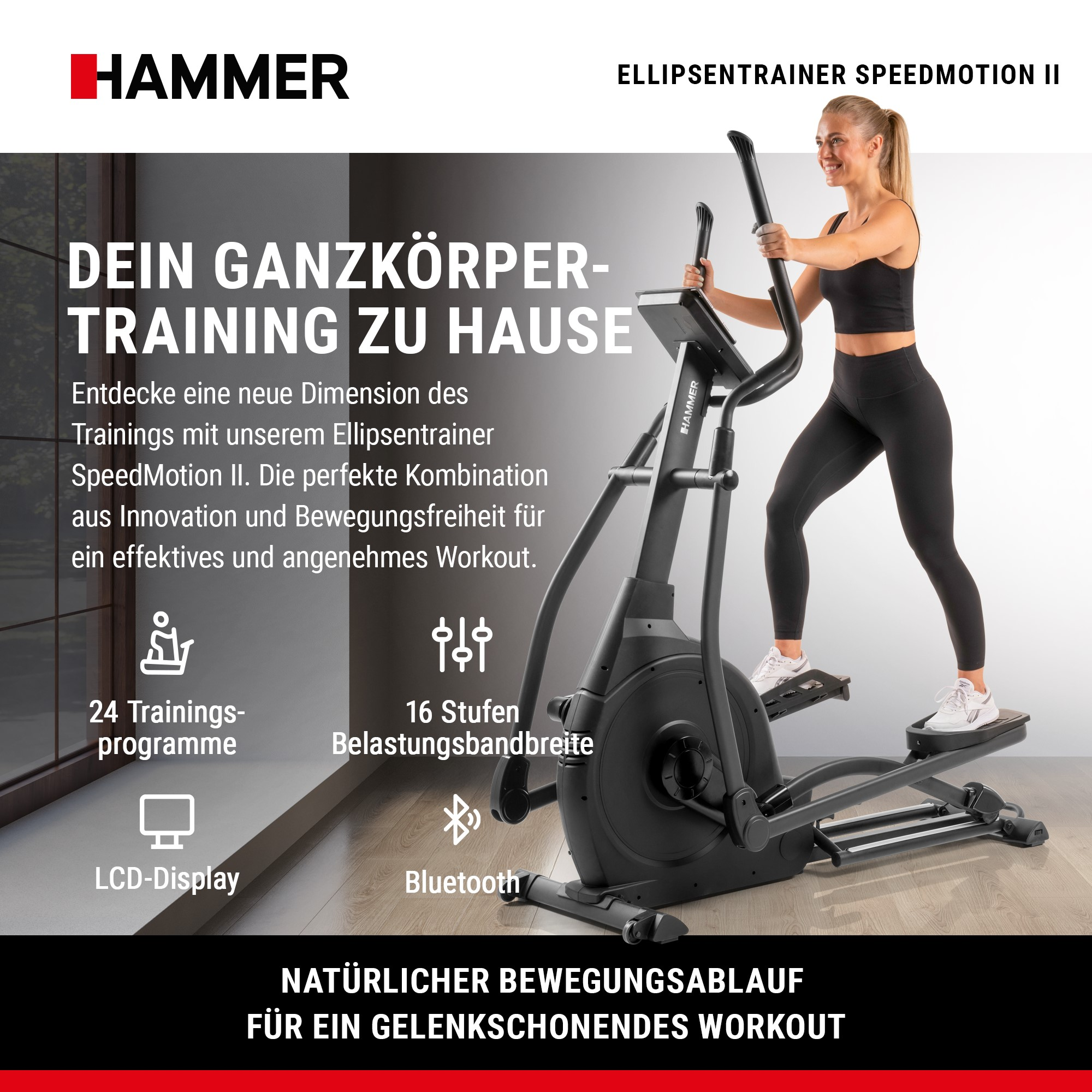 Eine Frau in Sportkleidung trainiert auf einem schwarzen Hammer Ellipsentrainer SpeedMotion II in einem modernen Raum.