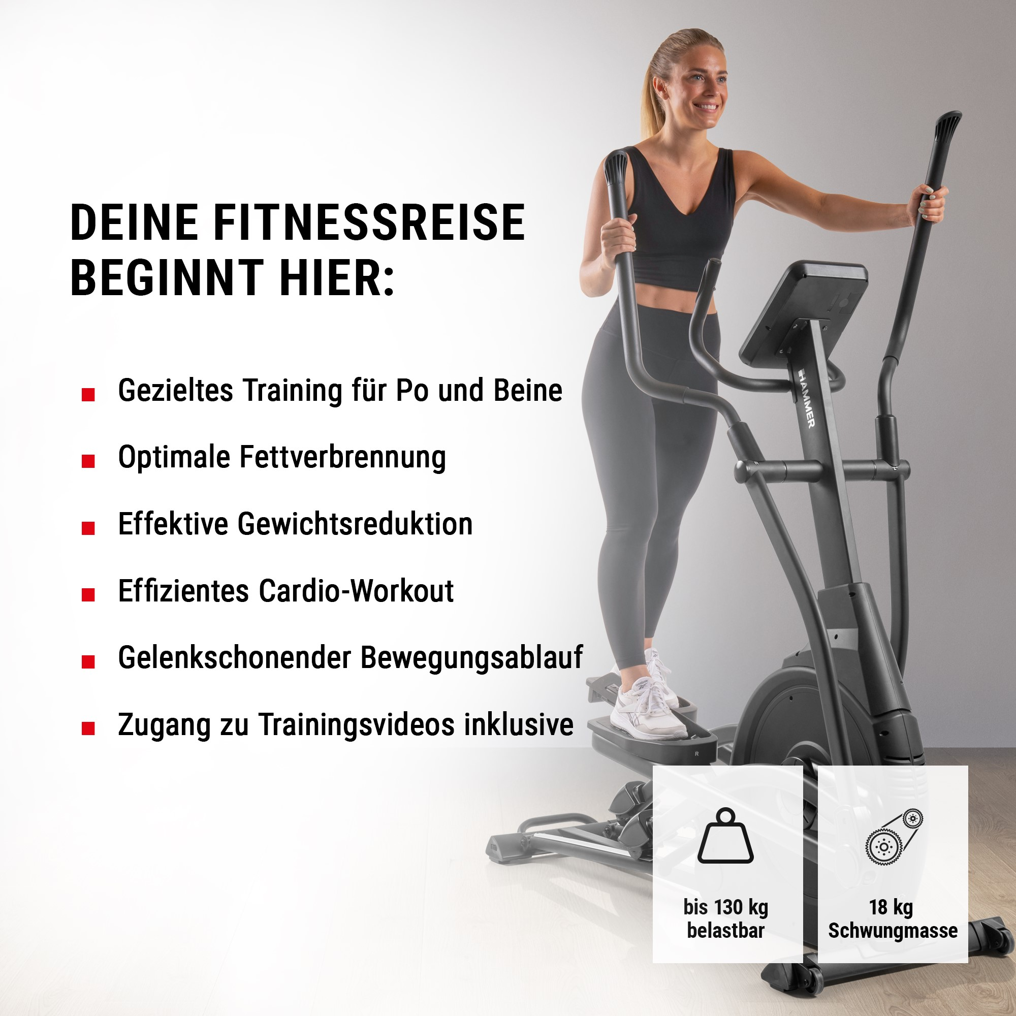 Eine blonde Frau trainiert auf einem Crosstrainer. Links Text und unten Symbole zu Gerätedaten.