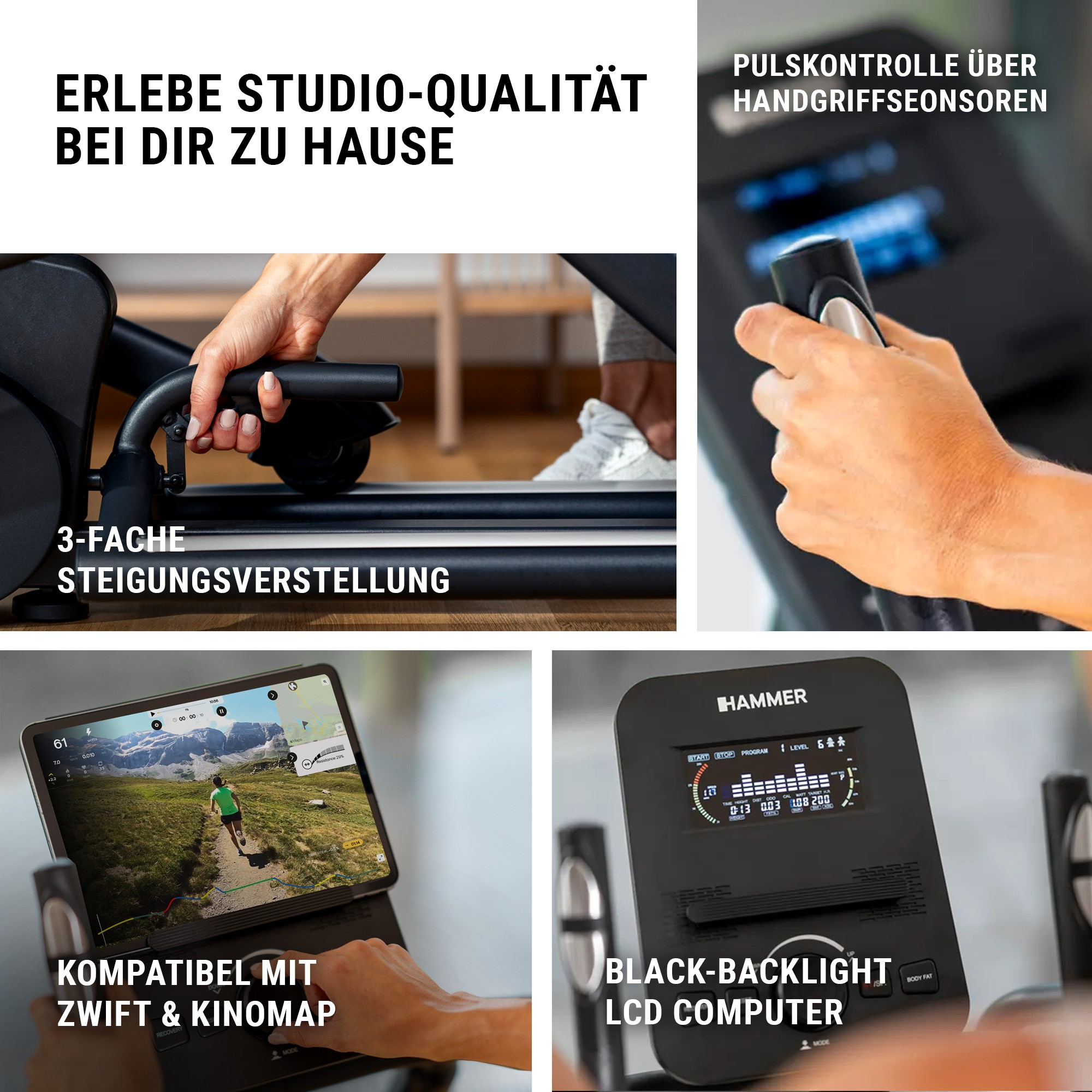 Fitnessgeräte-Kollage mit Griffen, LCD-Computer, Steigungsverstellung und App-Kompatibilität.