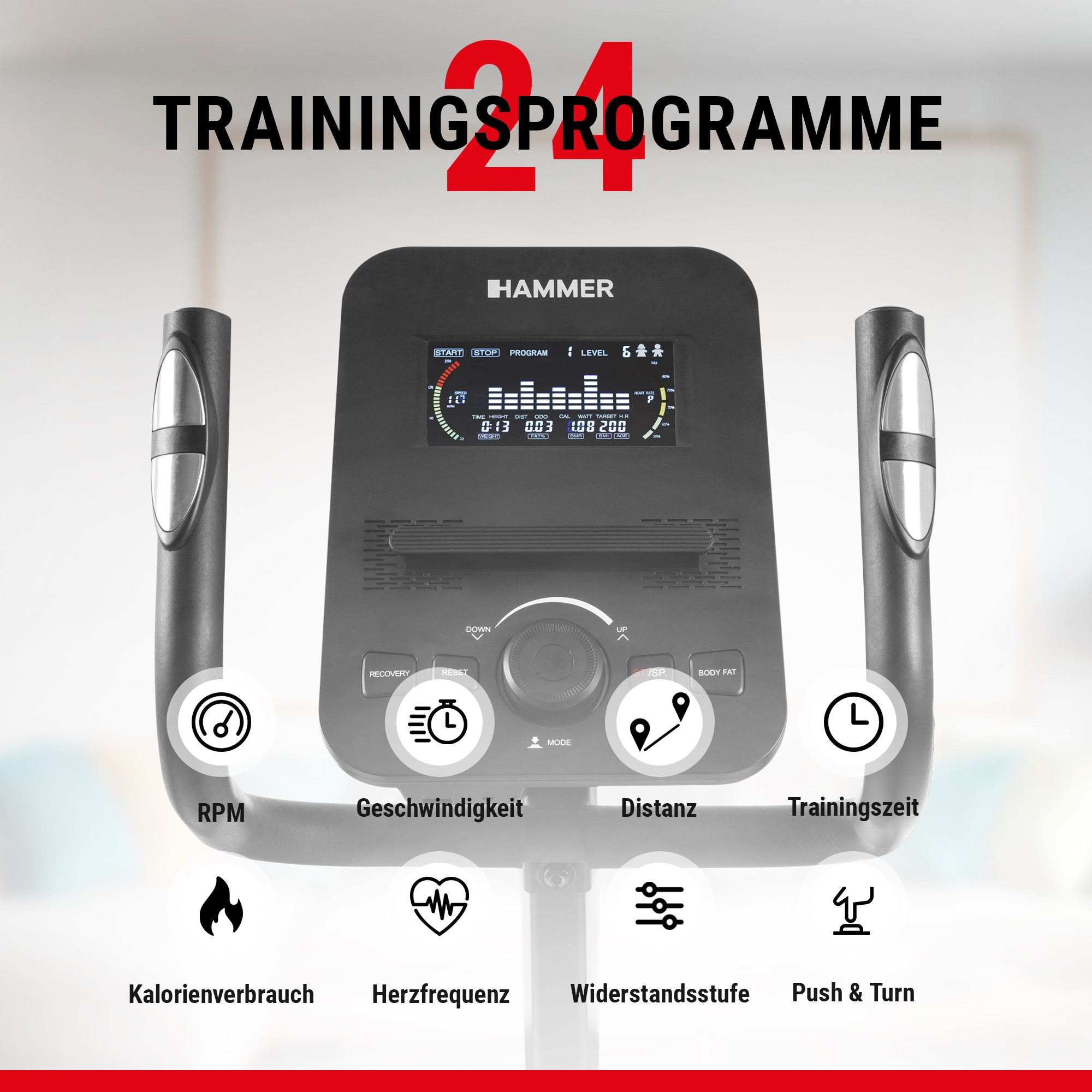 Hammer-Heimtrainer-Display mit 24 Trainingsprogrammen und Funktionssymbolen für RPM, Geschwindigkeit, Distanz und mehr.
