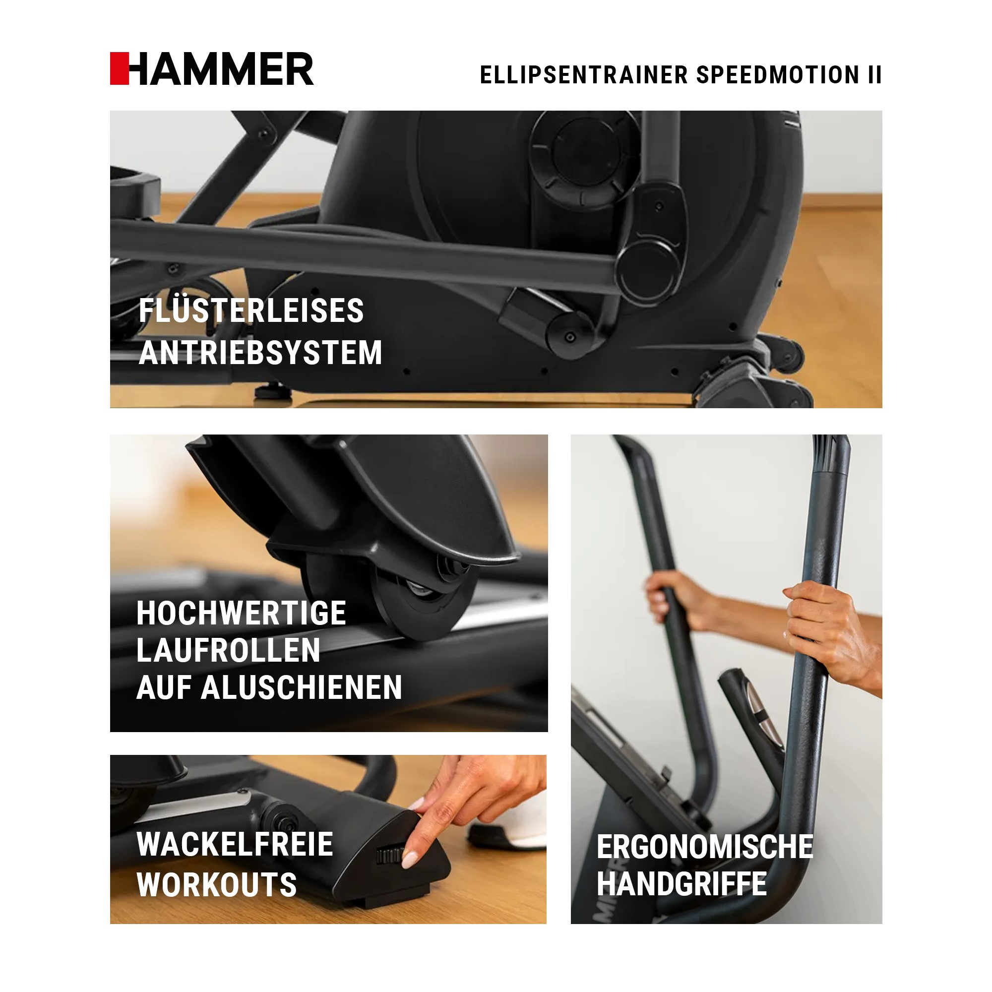 Details des Ellipsentrainers Speedmotion II mit leisem Antrieb, Rollen, Handgriffen und Verstellschraube.