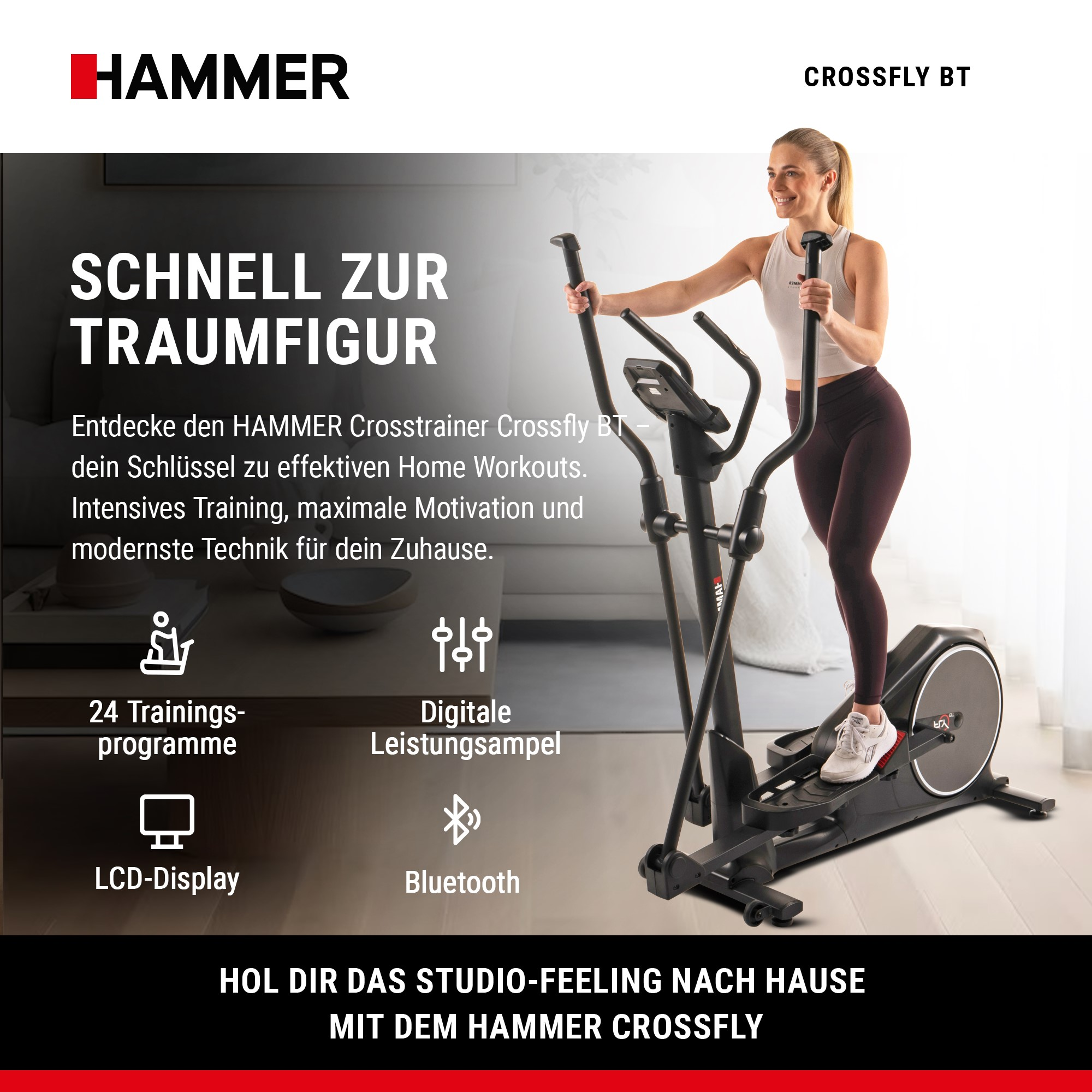Frau trainiert auf einem Hammer Crosstrainer Crossfly BT in einem hellen Raum.