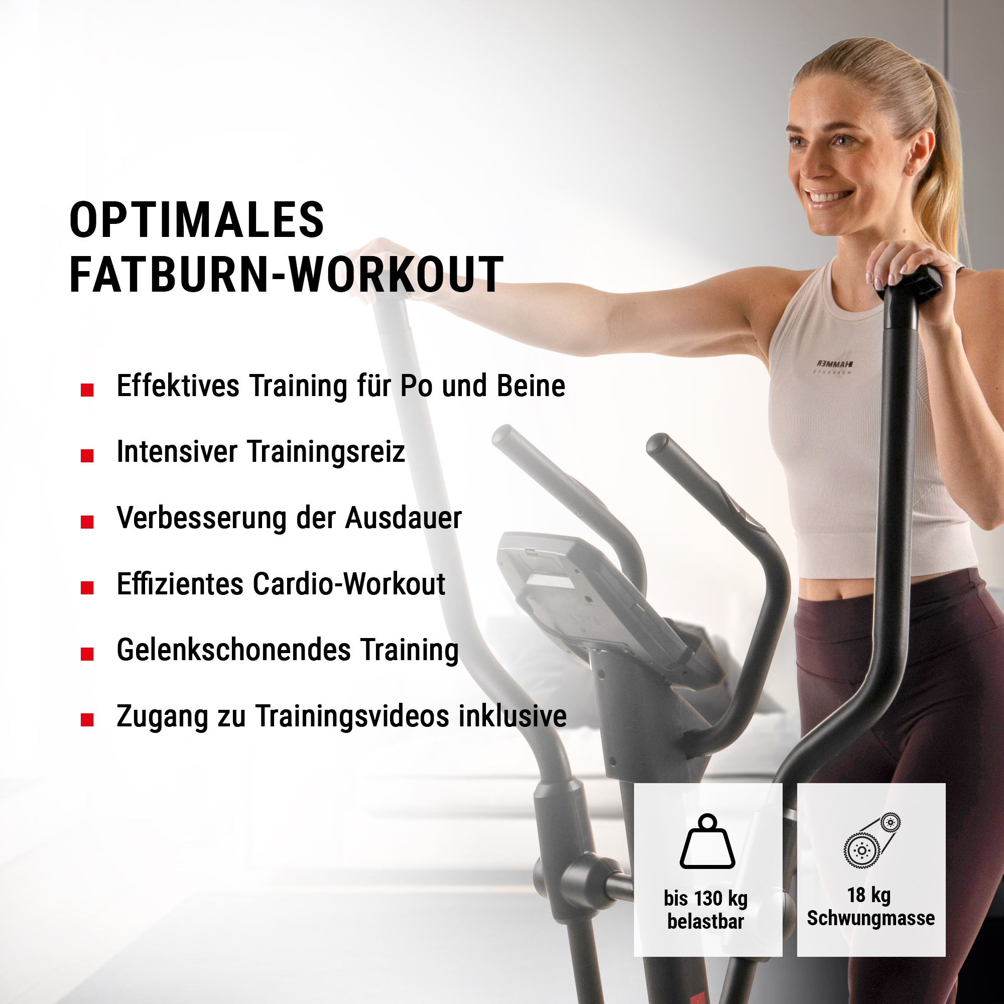 Eine lächelnde Frau trainiert auf einem Crosstrainer in einem hellen Fitnessstudio mit deutschem Text und Vorteilen.
