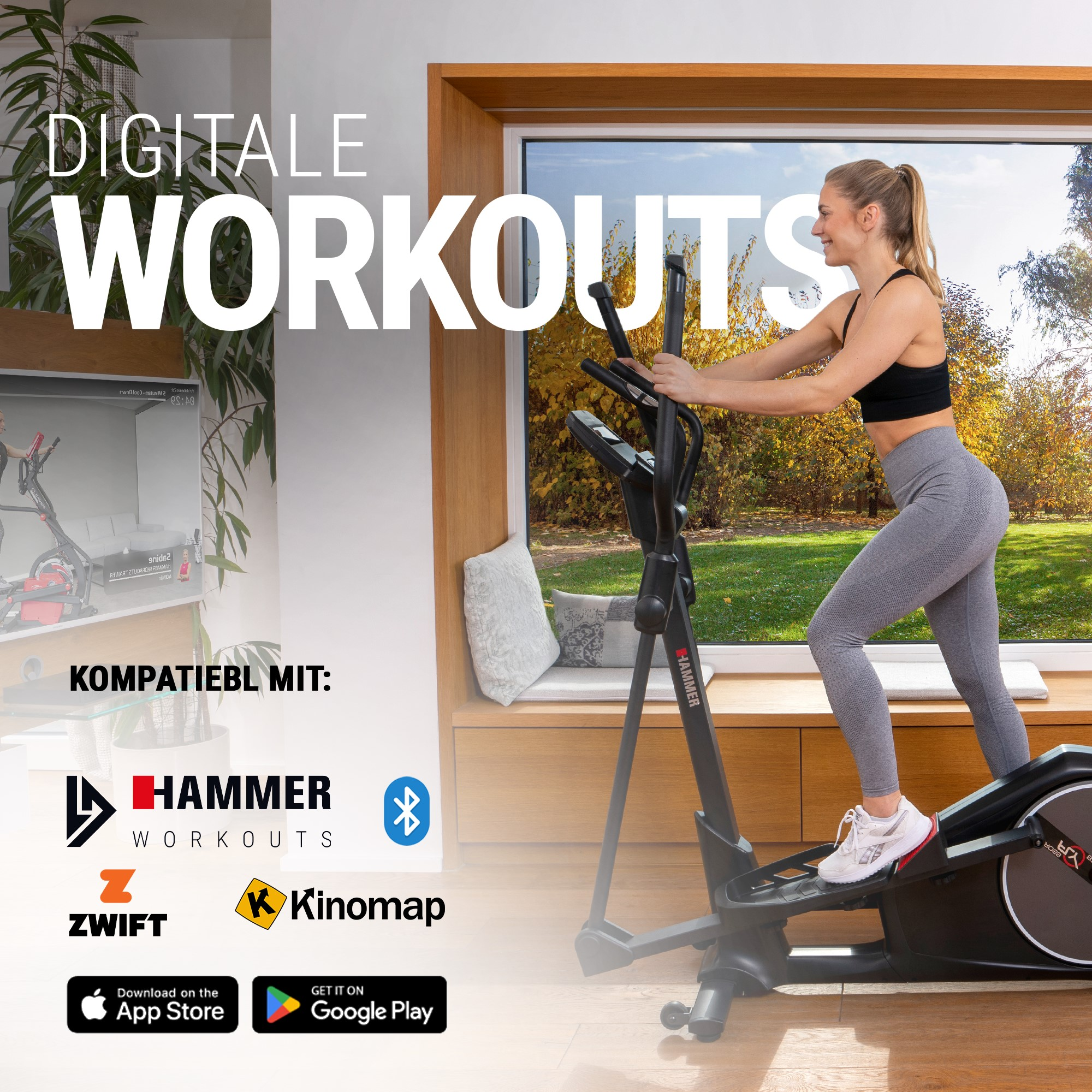 Eine Frau trainiert auf einem Crosstrainer vor einem großen Fenster. Text lautet 'DIGITALE WORKOUTS'.