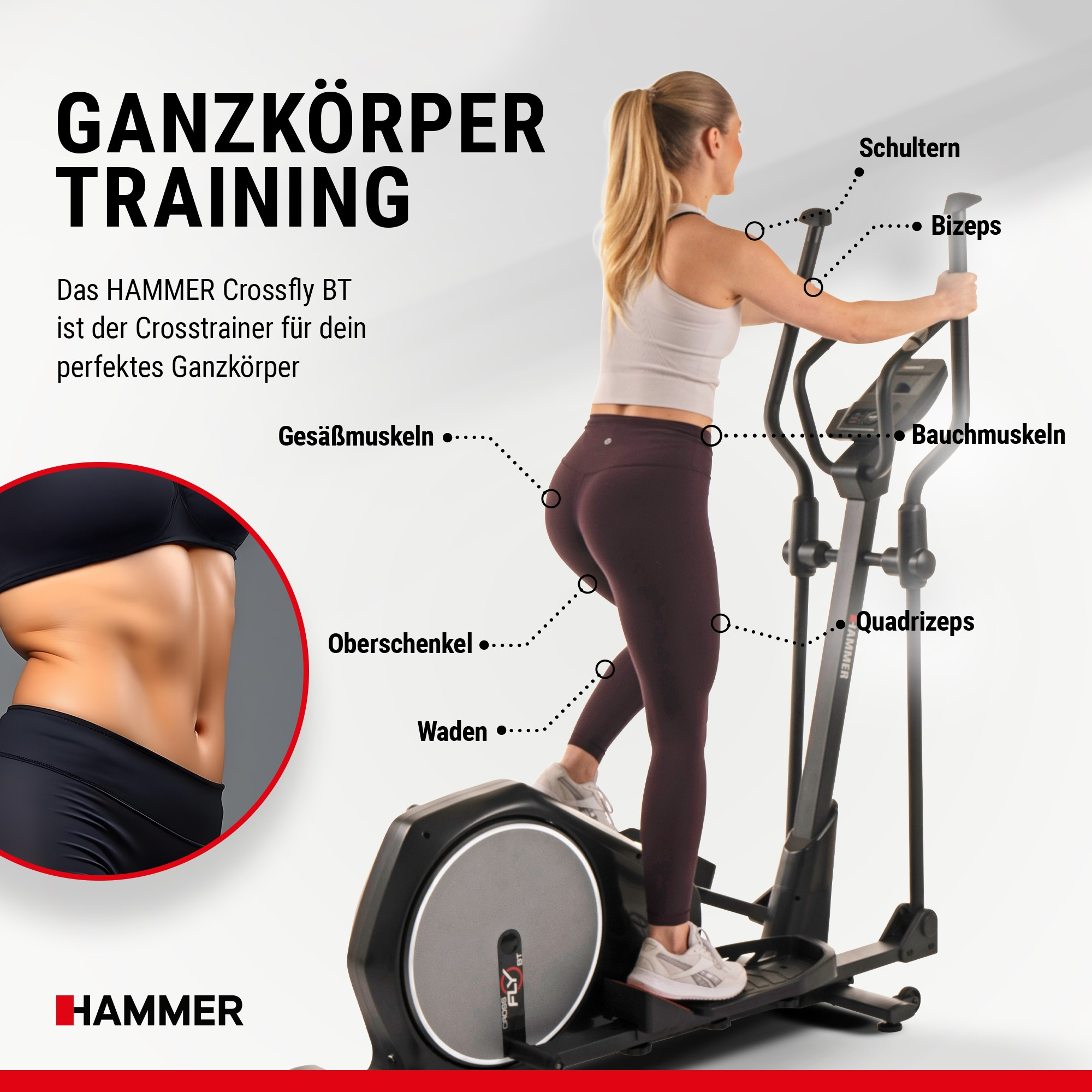 Frau trainiert auf einem Hammer Crosstrainer mit Muskelgruppenbeschriftungen.