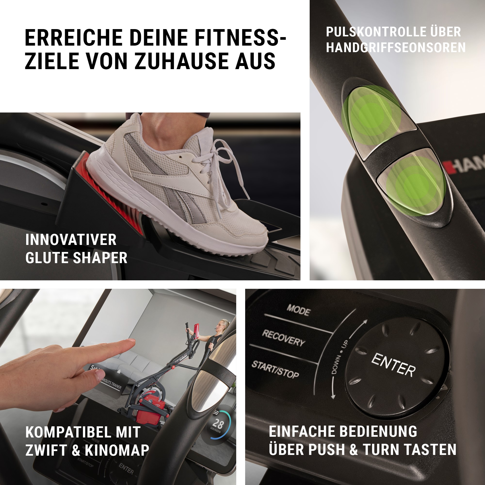 Vier Bilder zeigen Fitnessgeräte-Details wie Glute Shaper, Pulssensoren, App-Kompatibilität und ein Bedienelement.