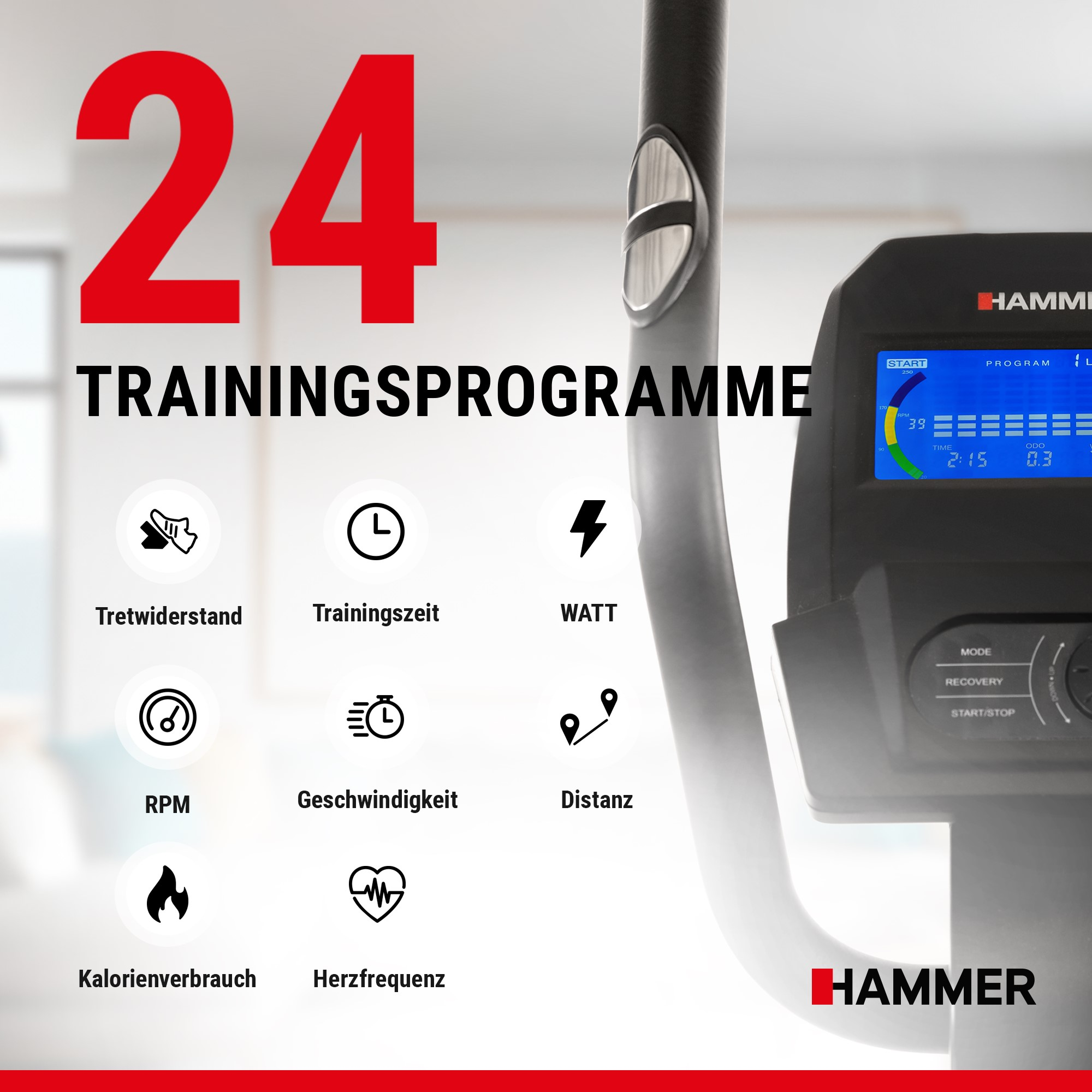 Display eines Hammer Crosstrainers mit 24 Trainingsprogrammen und Icons für Widerstand, Zeit, Watt, RPM und Distanz.