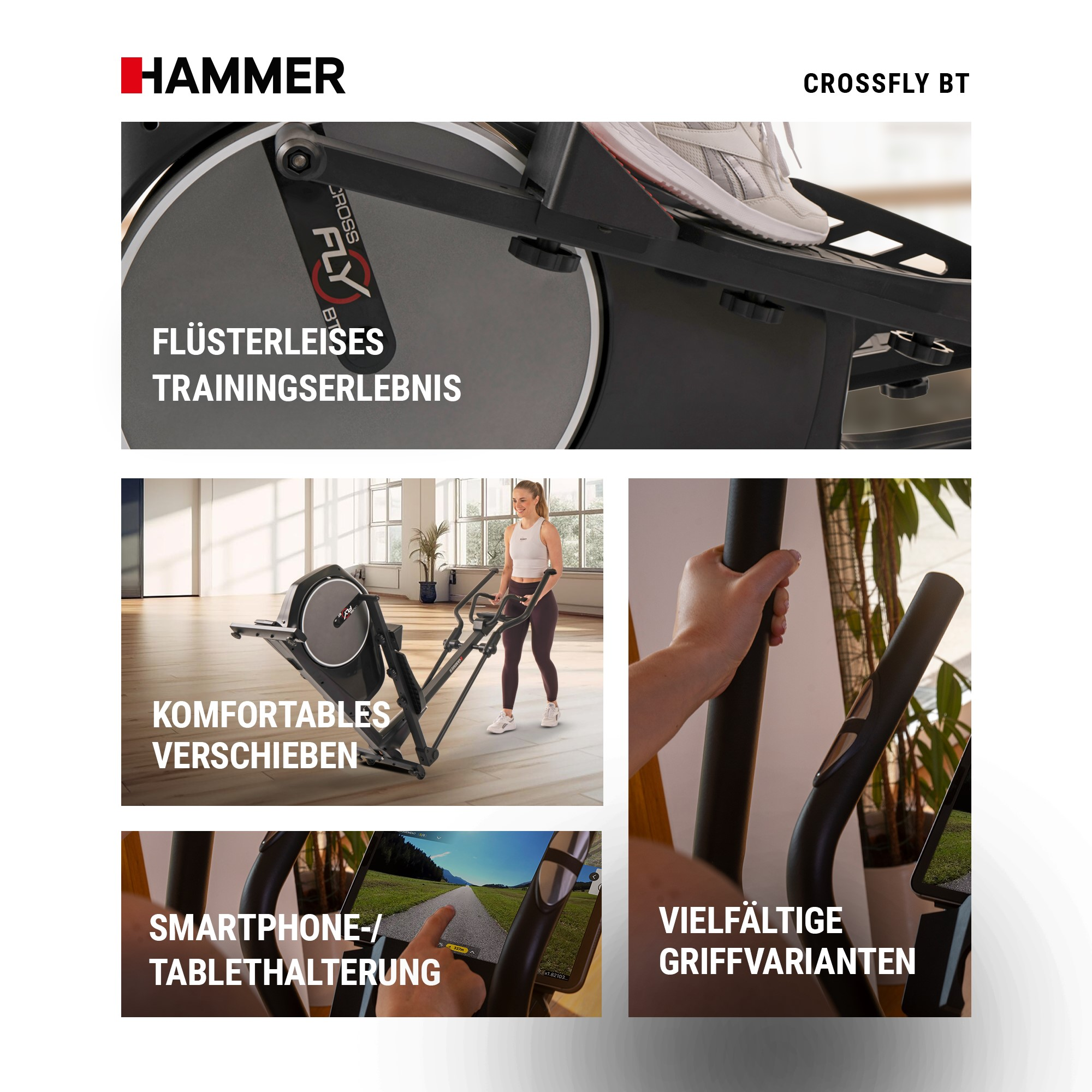 Collage von Bildern eines Hammer Crossfly BT Crosstrainers mit Fokus auf Details und Training.