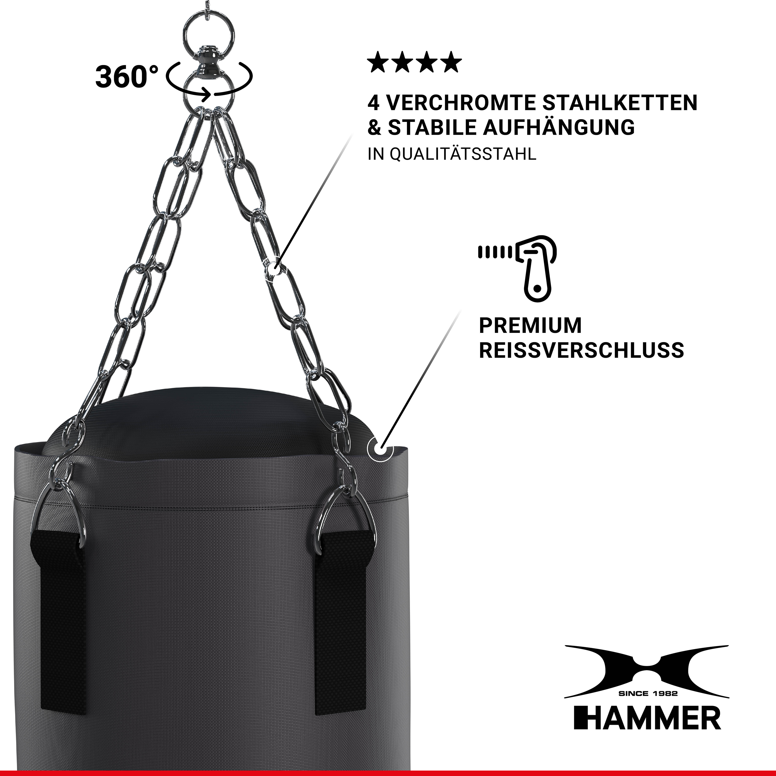 Nahaufnahme eines dunkelgrauen Boxsacks mit Chromketten, Reißverschluss und Hammer-Logo.