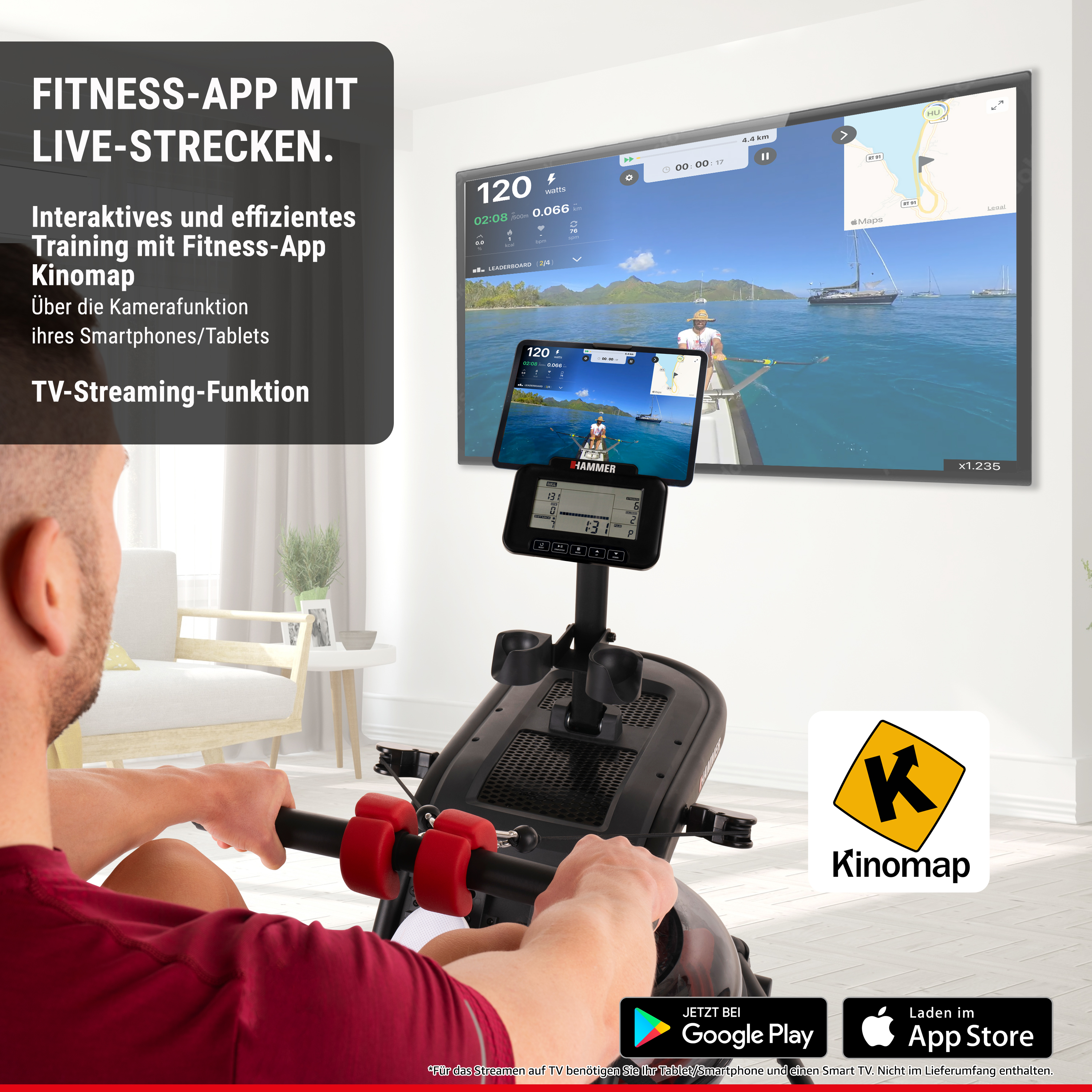Ein Mann nutzt ein Rudergerät, während seine App auf einem Tablet und einem großen TV angezeigt wird.