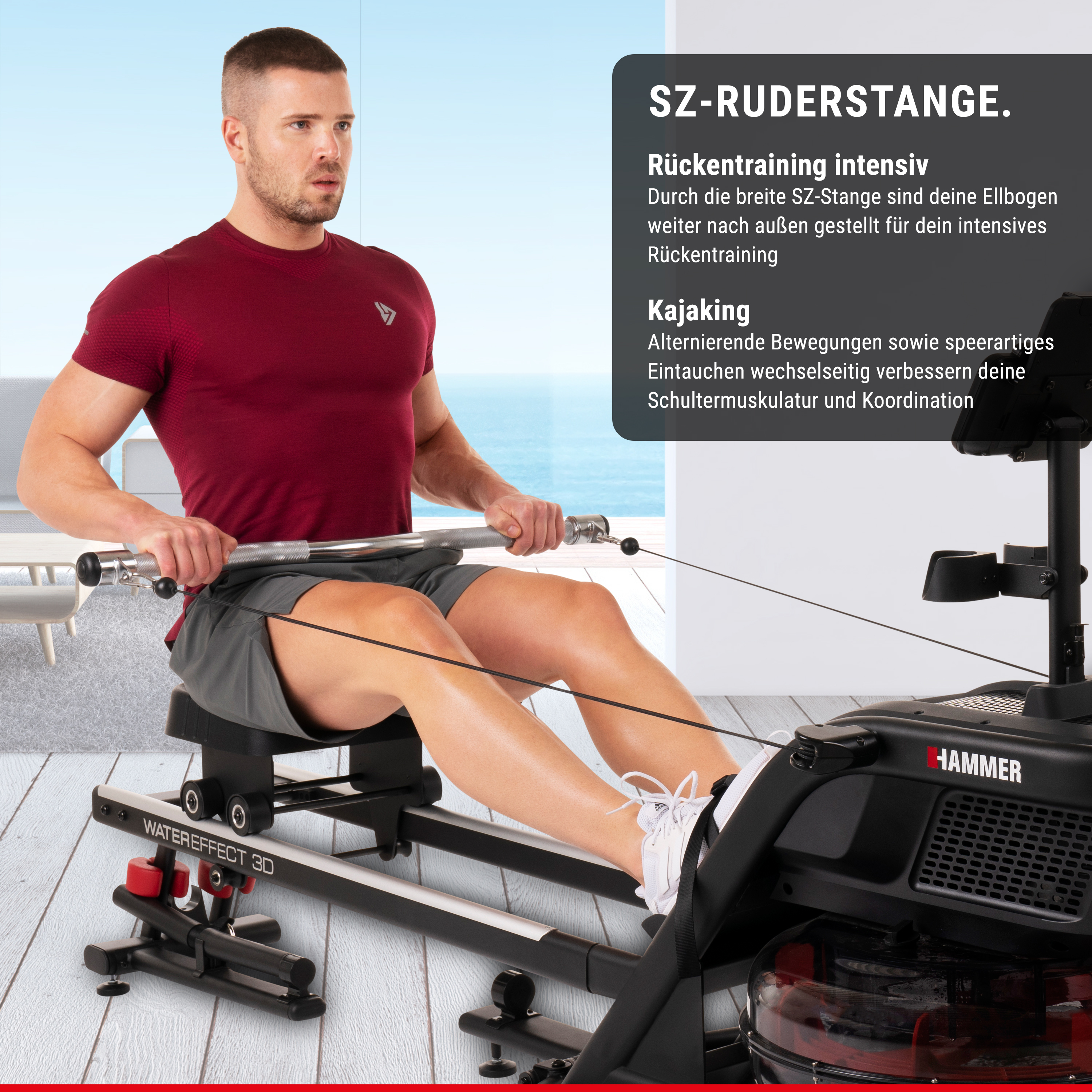Ein Mann trainiert auf einem Hammer-Rudergerät mit SZ-Stange in einem hellen Raum.