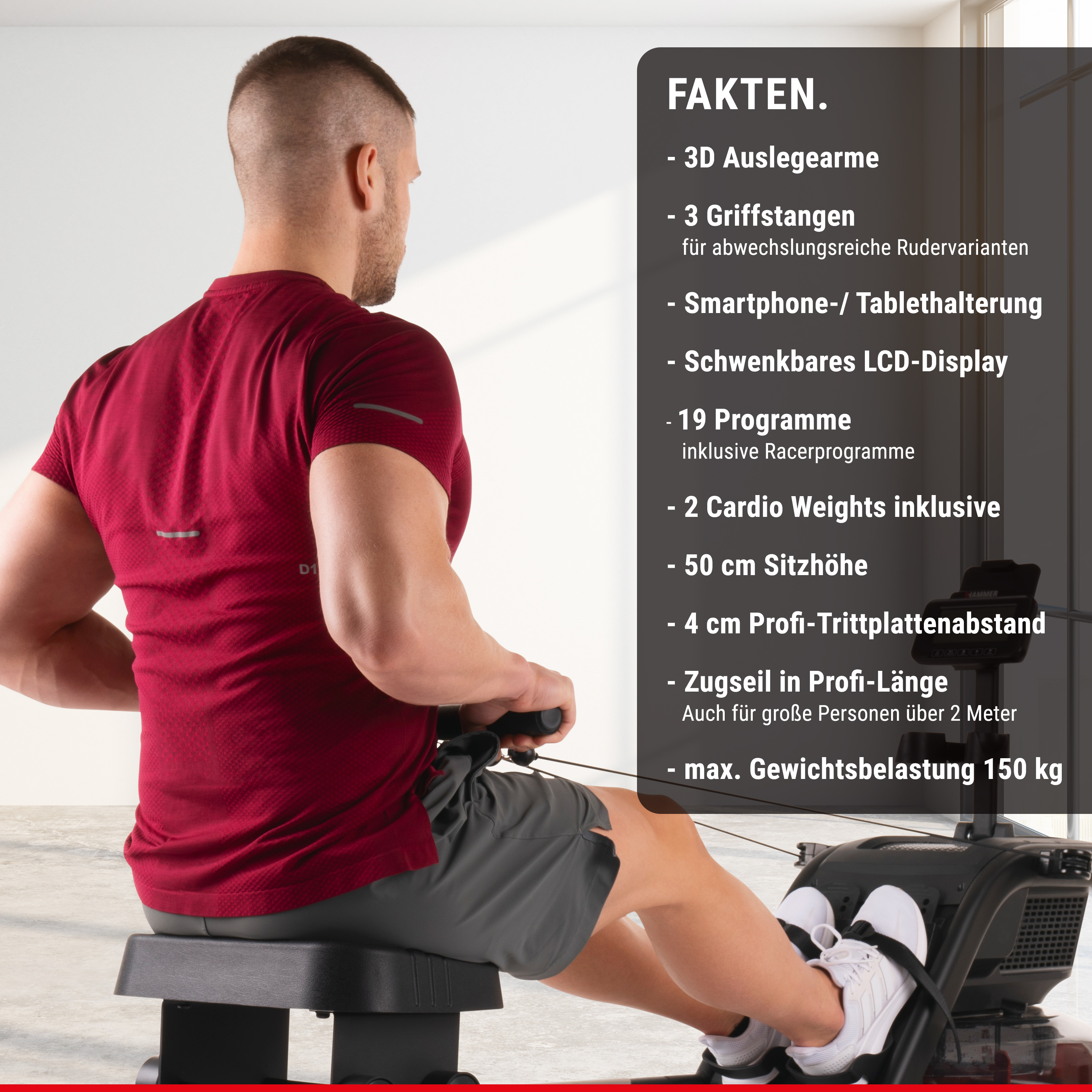 Ein Mann in rotem T-Shirt trainiert auf einem Rudergerät, daneben Texttafel mit Produktdetails.