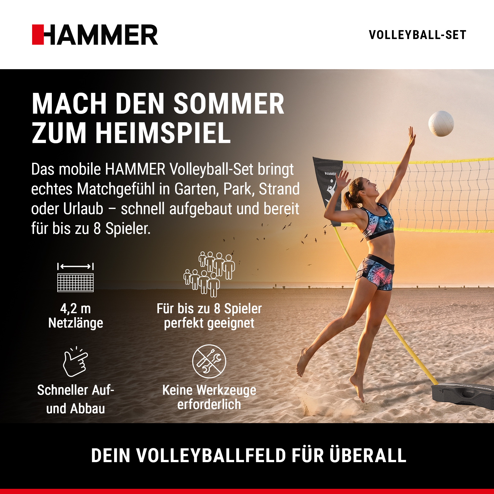 Frau spielt Volleyball am Strand, Werbung für mobiles Hammer Volleyball-Set.