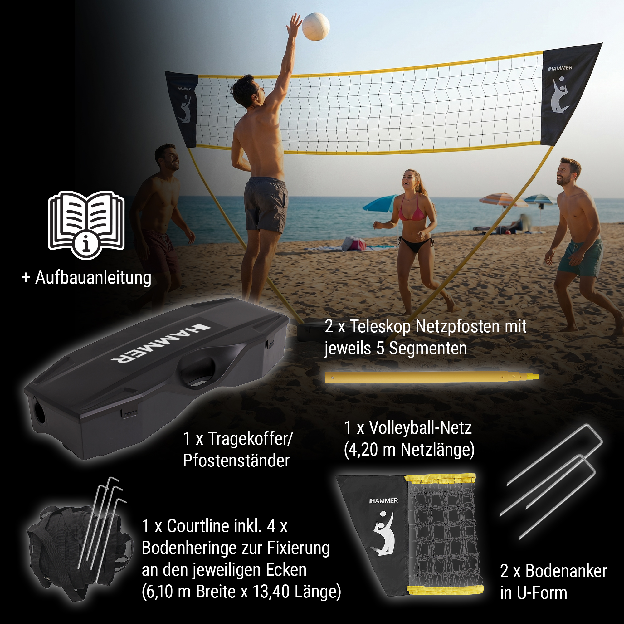 Volleyballset mit Netz, Teleskopstangen, Tragkoffer, Courtline und Heringen auf einem Strandbild.