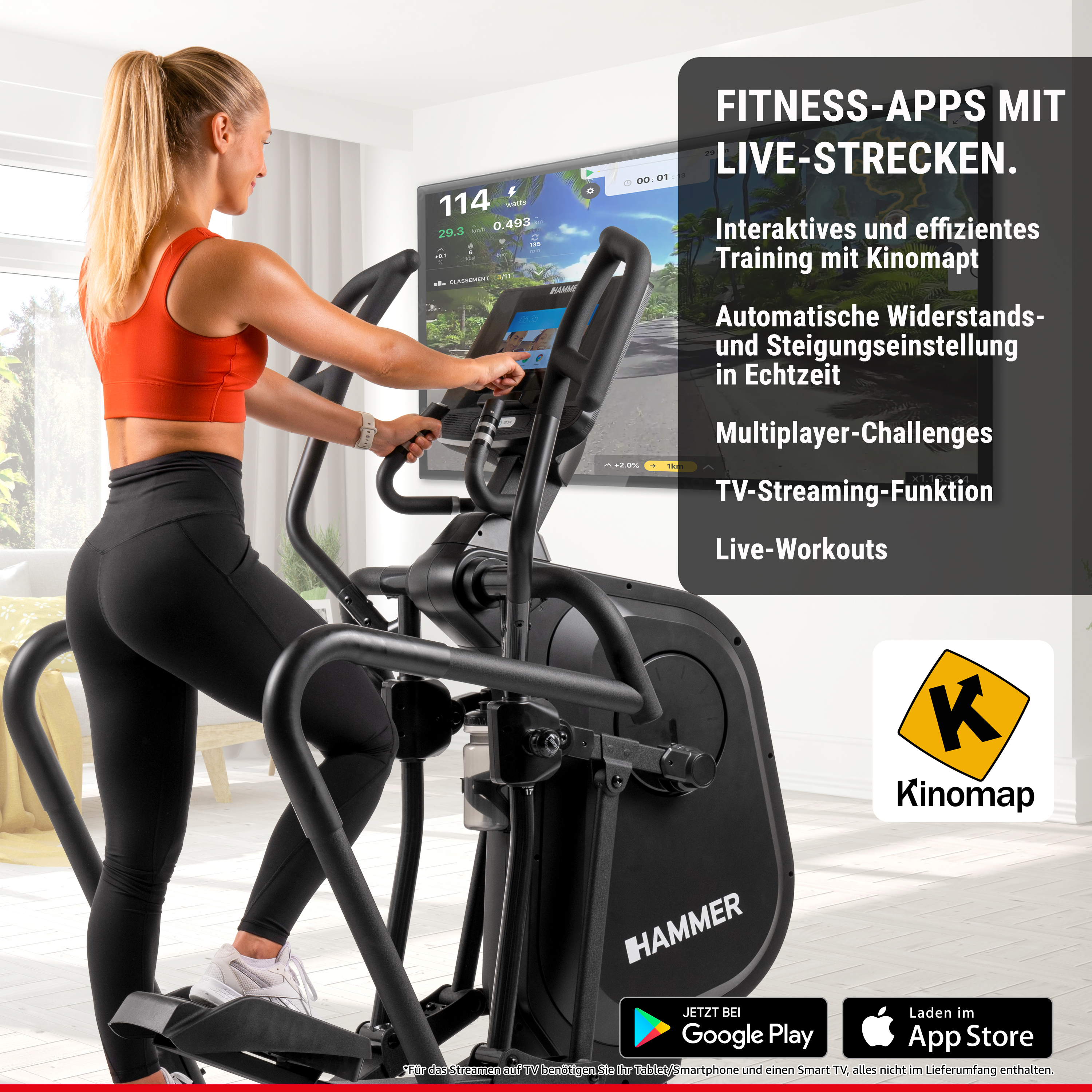 Frau trainiert auf einem Hammer Crosstrainer vor einem Bildschirm mit Kinomap-App.