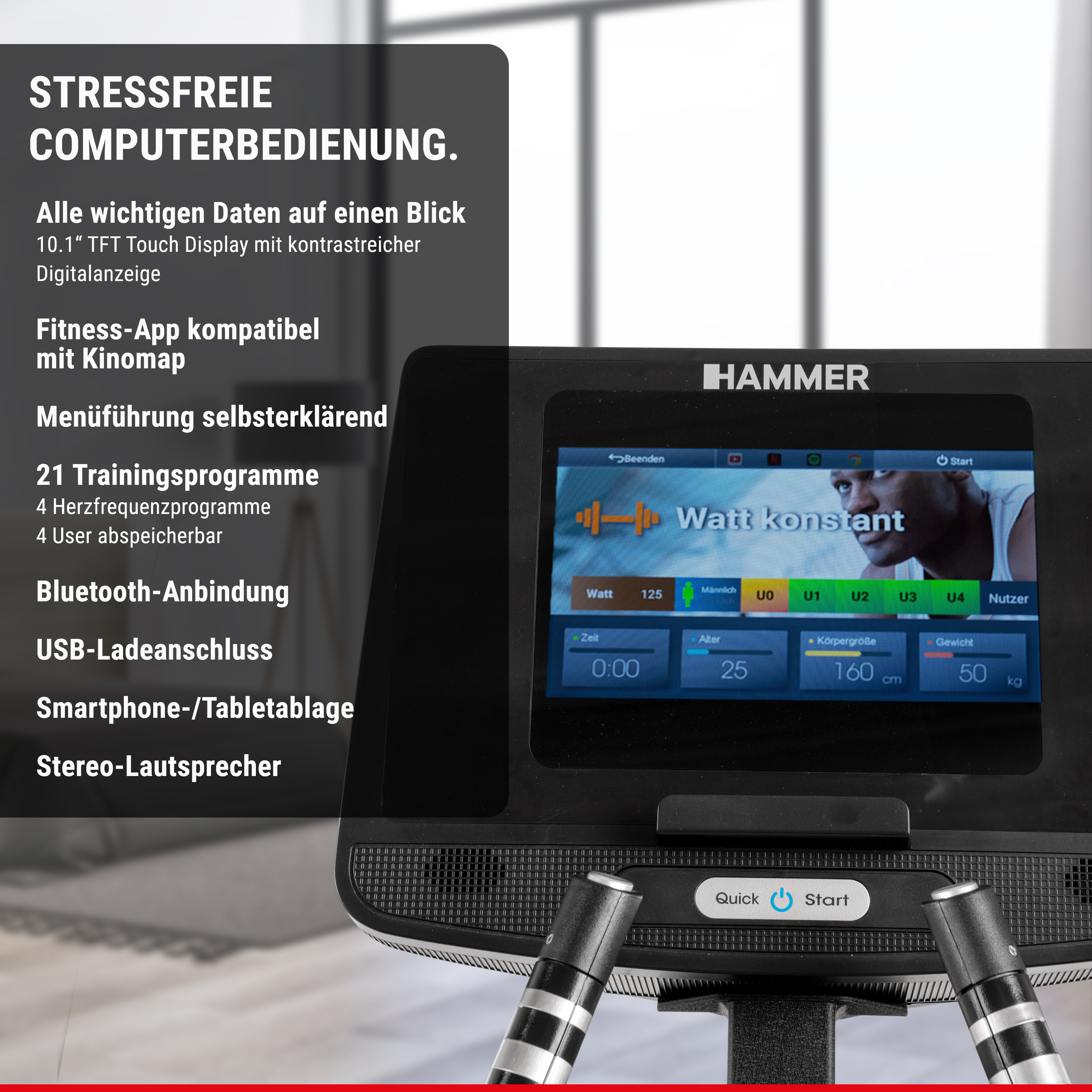 Hammer Fitnessgerät Display mit Touchscreen und deutschen Texten.