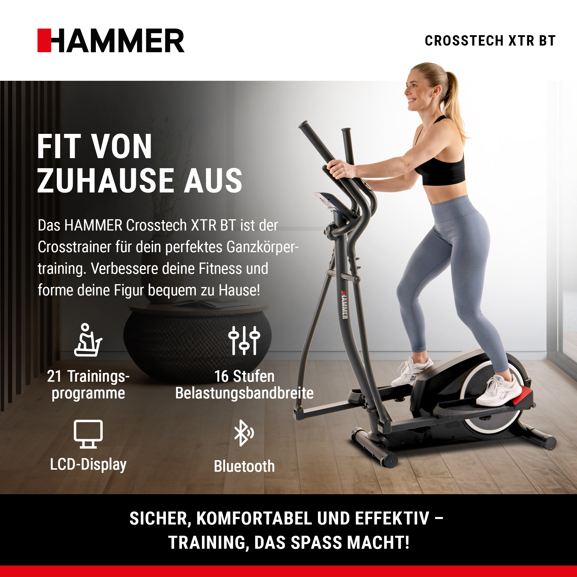 Eine Frau trainiert auf einem Hammer Crosstech XTR BT Crosstrainer mit Text und Produktmerkmalen.