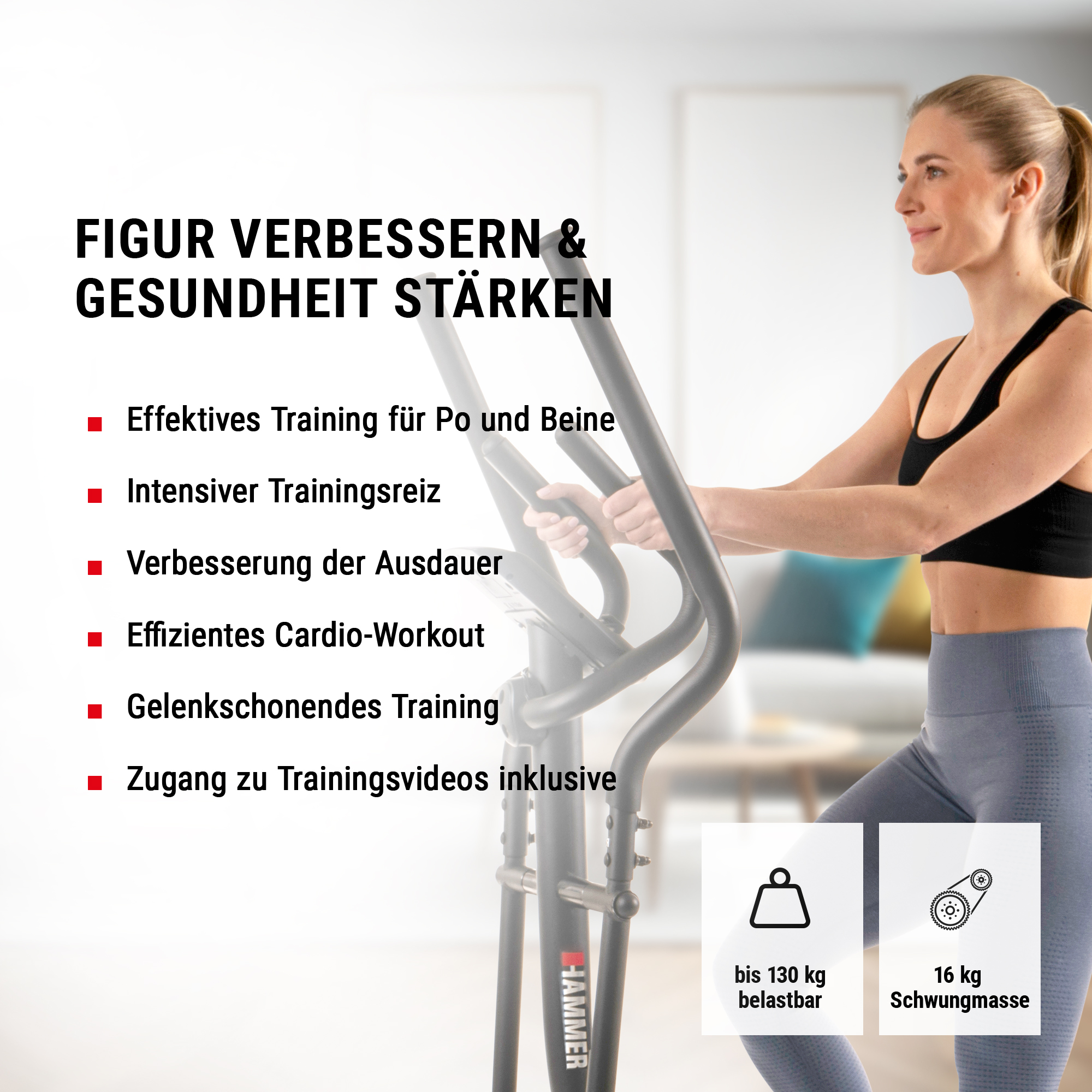 Eine blonde Frau trainiert auf einem Crosstrainer, begleitet von Werbetexten über Fitnessvorteile.