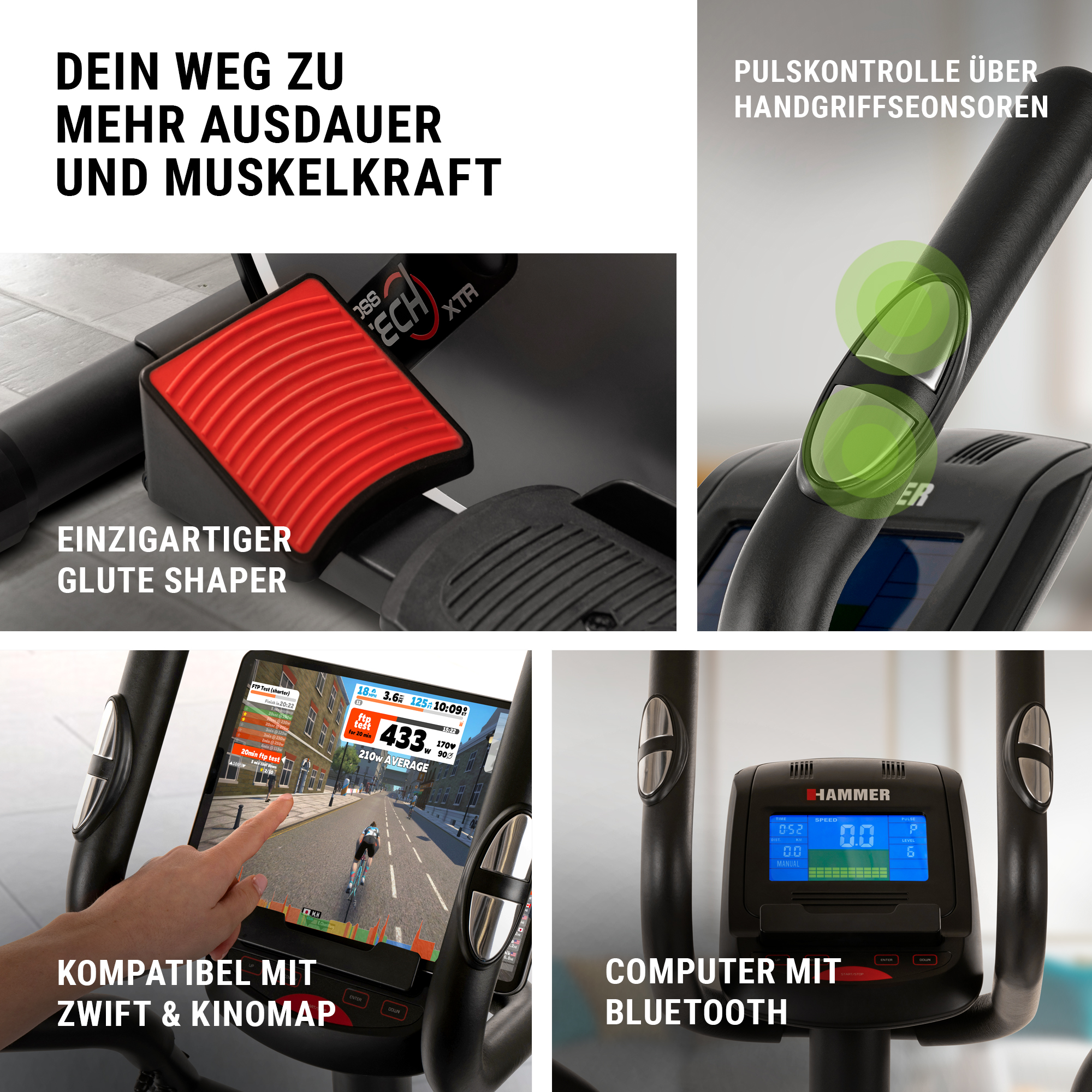 Vier Fitnessgeräte-Funktionen: Gesäßtrainer, Pulssensoren, App-Kompatibilität und Bluetooth-Computer.