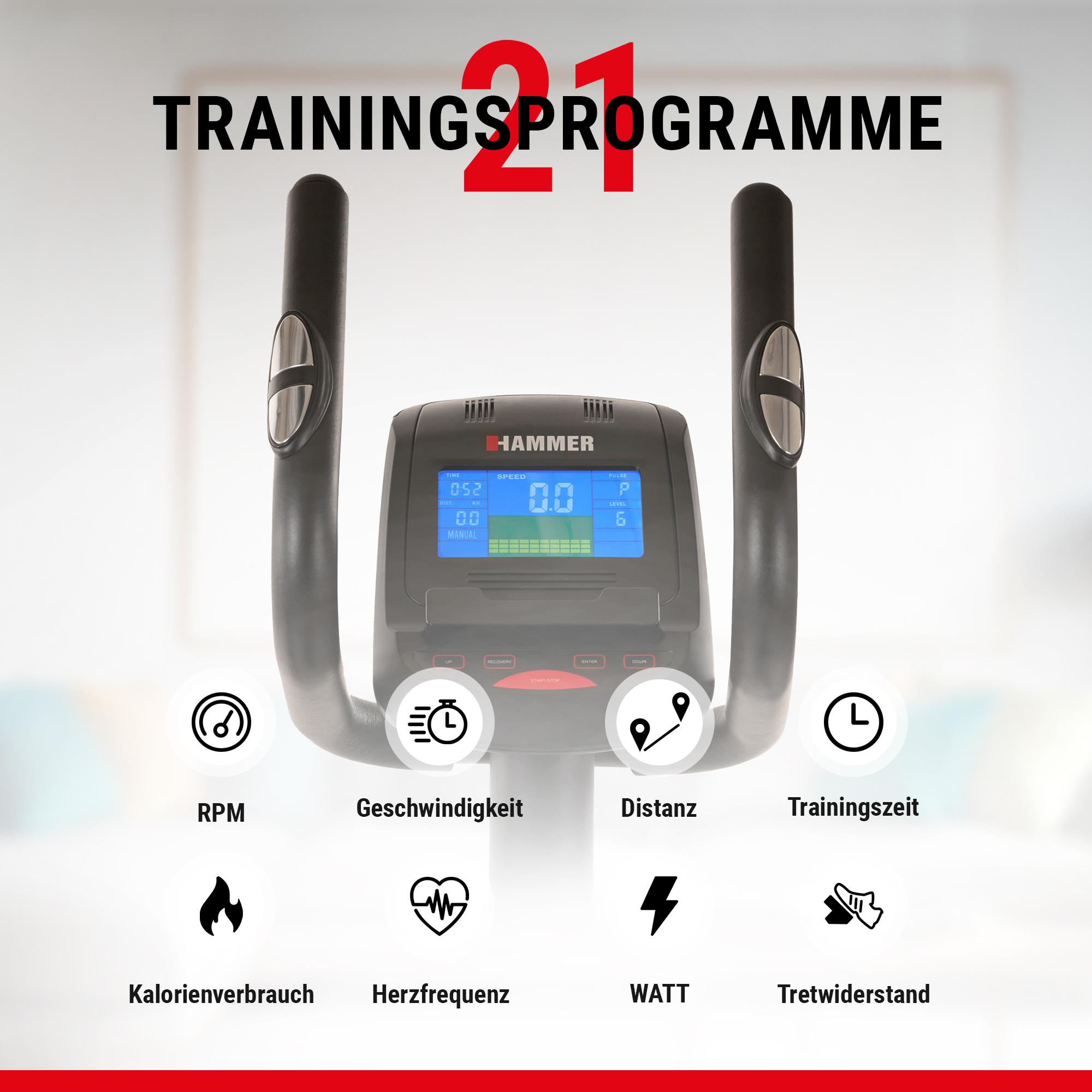 Heimtrainer-Computer mit blauem Display, Pulssensoren und Symbolen für Trainingsdaten am unteren Rand.