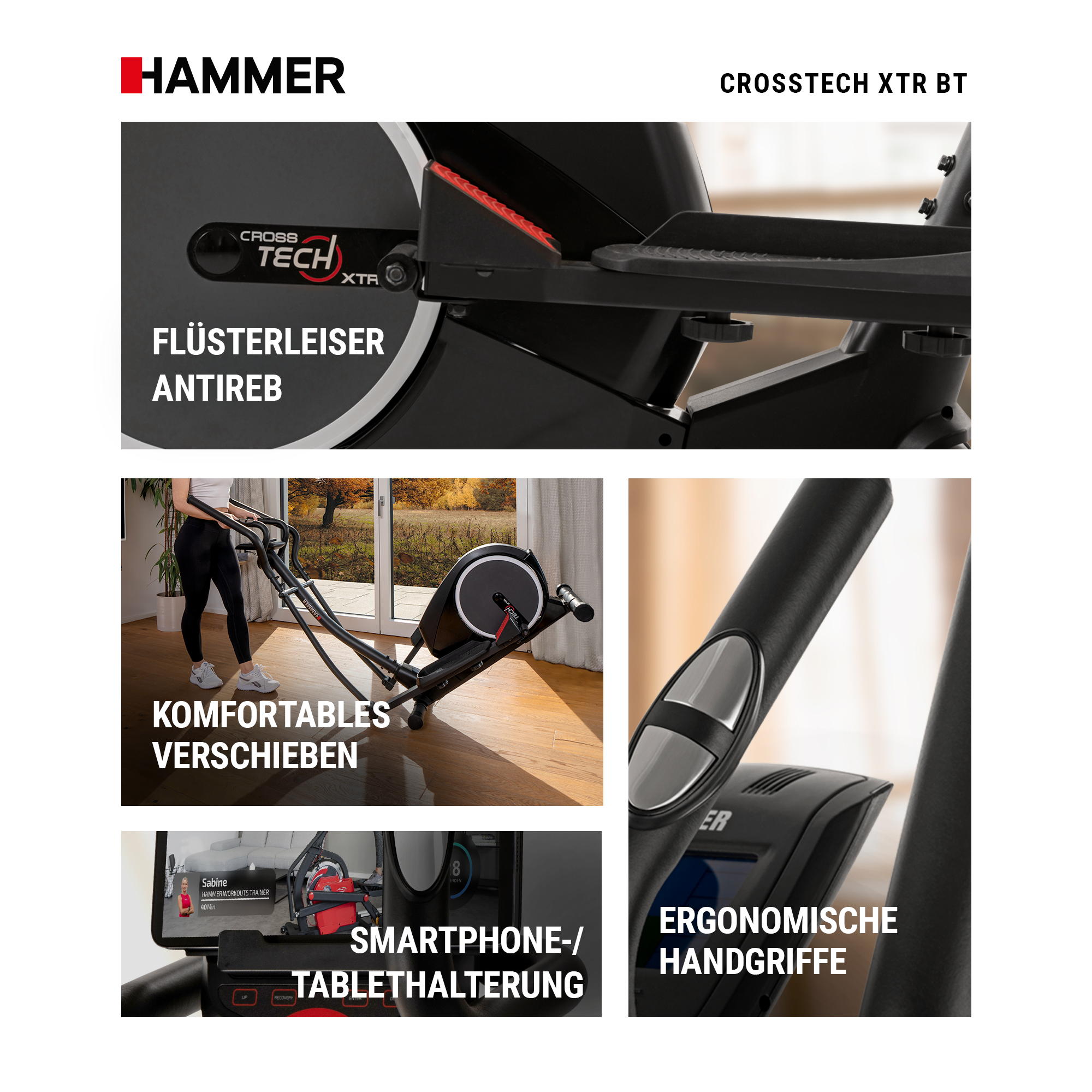 Hammer Crosstech XTR BT Crosstrainer mit leisem Antrieb, Transportrollen, Tablethalterung und ergonomischen Griffen.