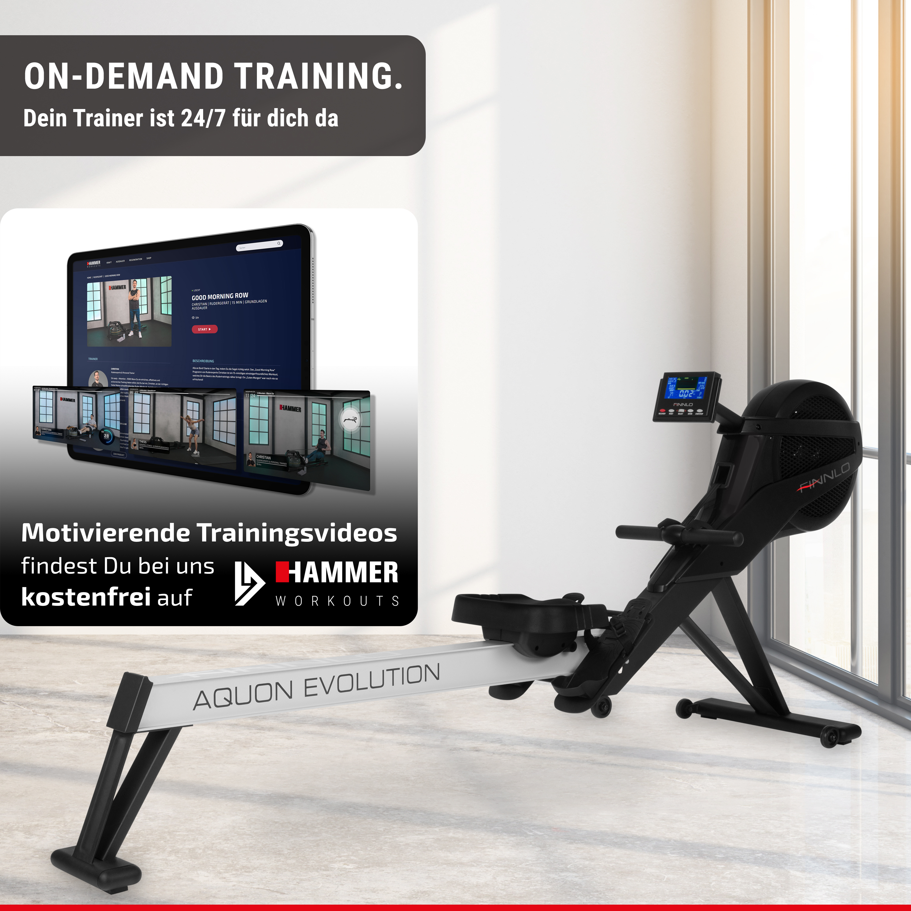 Ein schwarzes Aquon Evolution Rudergerät steht vor einem Fenster mit einer Tablet-Anzeige von Trainingsvideos.