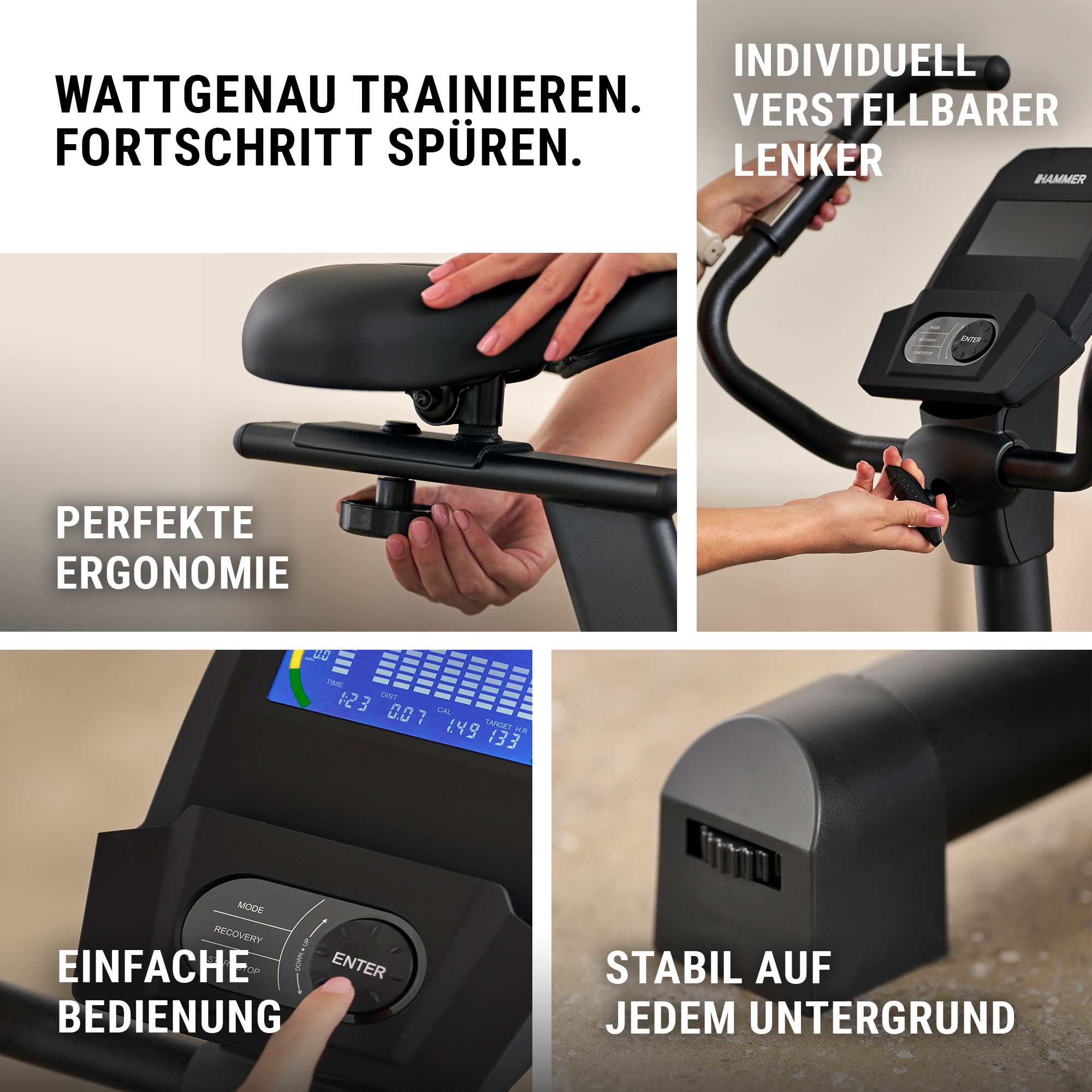 Vier Bilder zeigen die Details eines Heimtrainers mit ergonomischem Sitz, verstellbarem Lenker, Display und stabilem Fuß.