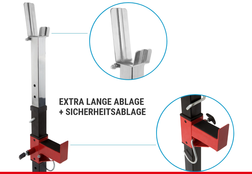 Fitnessständer mit langer Hantelablage und Sicherheitshalterung, Detailansichten in Kreisen.