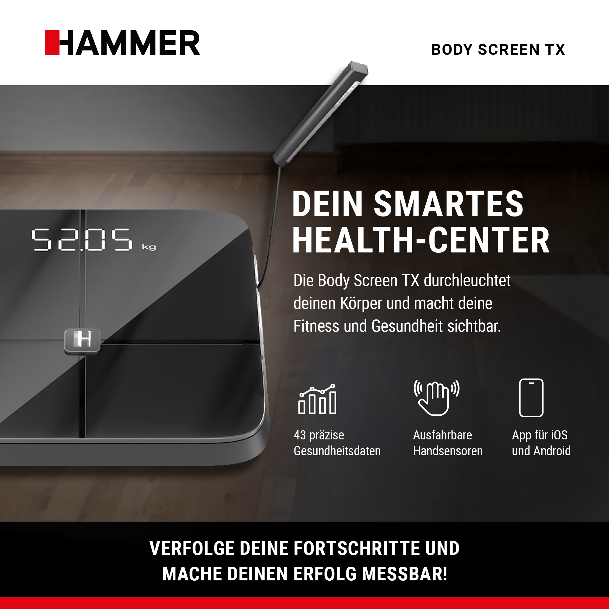 Cyfrowa waga inteligentna Hammer Body Screen TX z wysuwanymi czujnikami dłoni w kolorze czarnym.