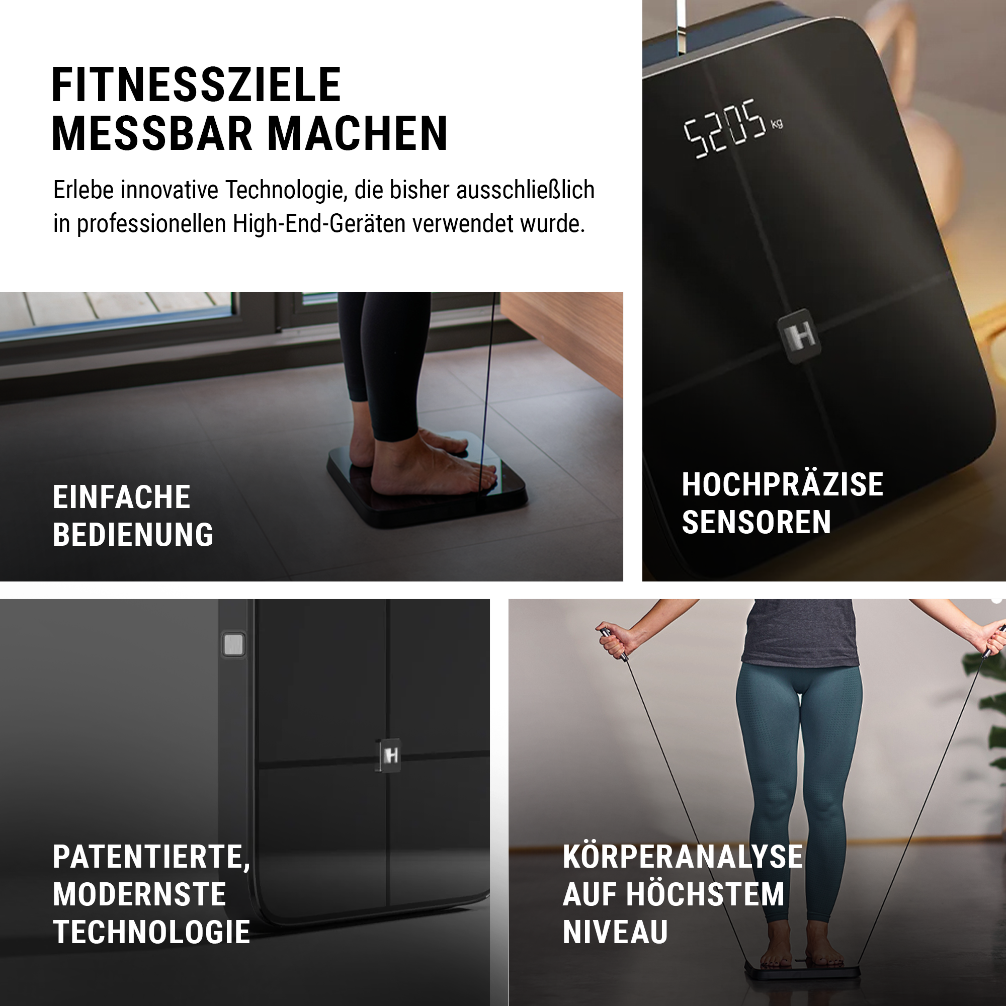 Kolaż urządzeń fitness i tekstów o technologii i analizie ciała.
